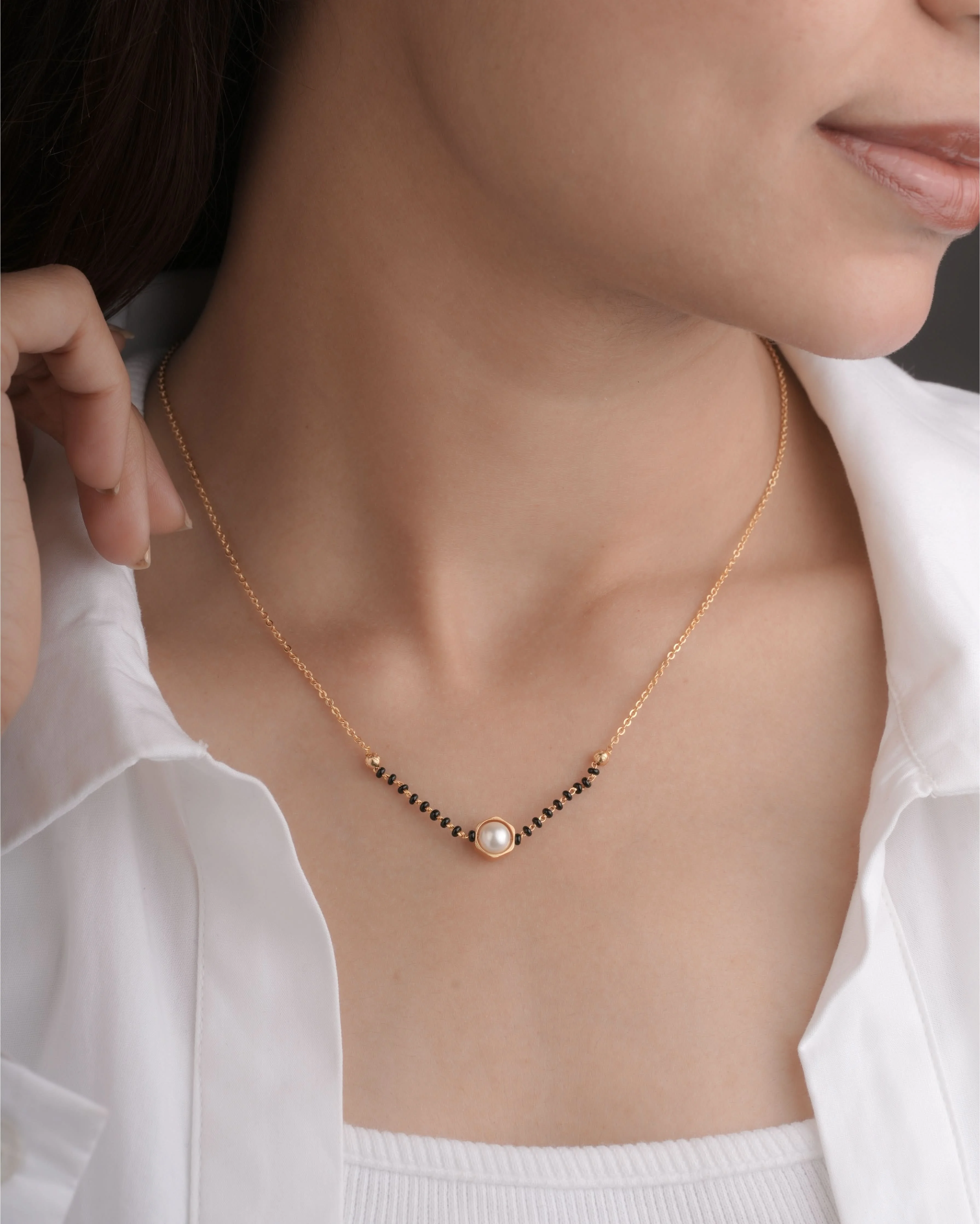 Buy 1 Get 1 Free -Minimal Pearl Center Mangalsutra with Black Beads