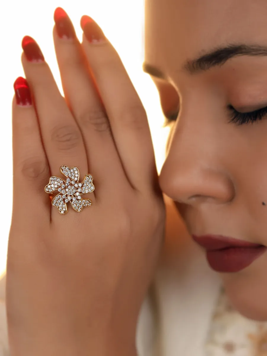 American Diamond High gold Plated flower shape Big fancy Ring