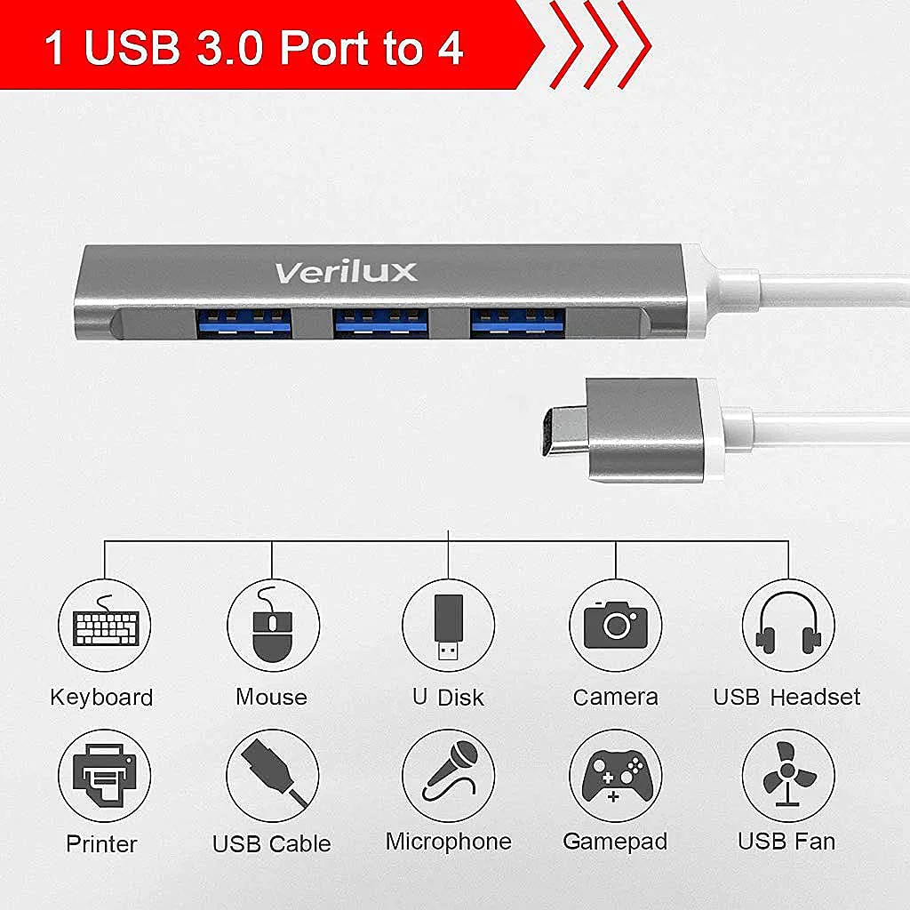 Verilux® USB C Hub Multiport Adapter with 4 USB Ports High Speed 3.0 USB Hub for Laptop USB Type C Hub for Macbook Pro Air C-Type Smartphones USB Extender with Multi USB Port for Laptop Type-C Devices - image 4