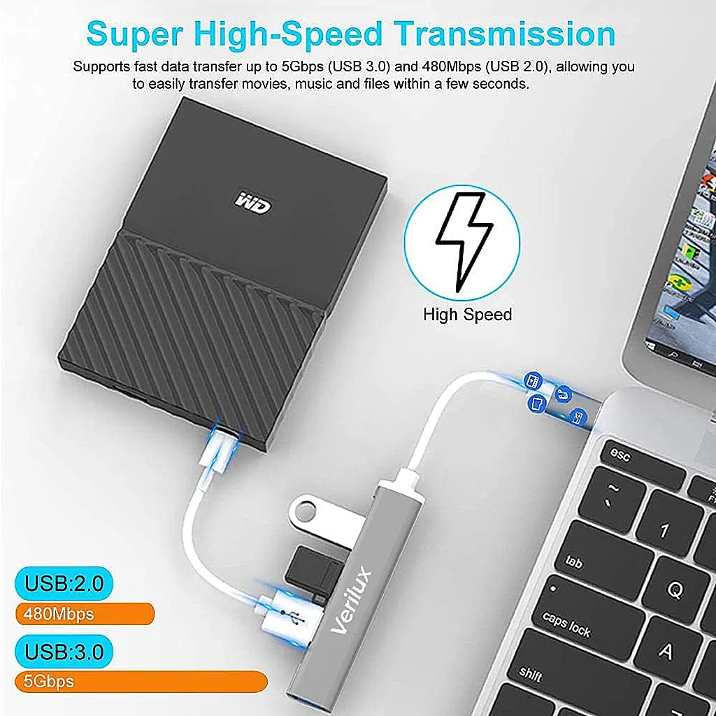 Verilux® USB C Hub Multiport Adapter with 4 USB Ports High Speed 3.0 USB Hub for Laptop USB Type C Hub for Macbook Pro Air C-Type Smartphones USB Extender with Multi USB Port for Laptop Type-C Devices - image 5