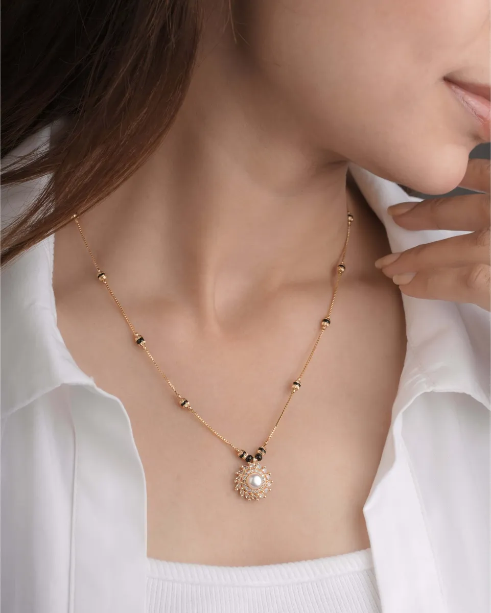 Buy 1 Get 1 Free -Gold Finish Pearl Floral Pendant Mangalsutra