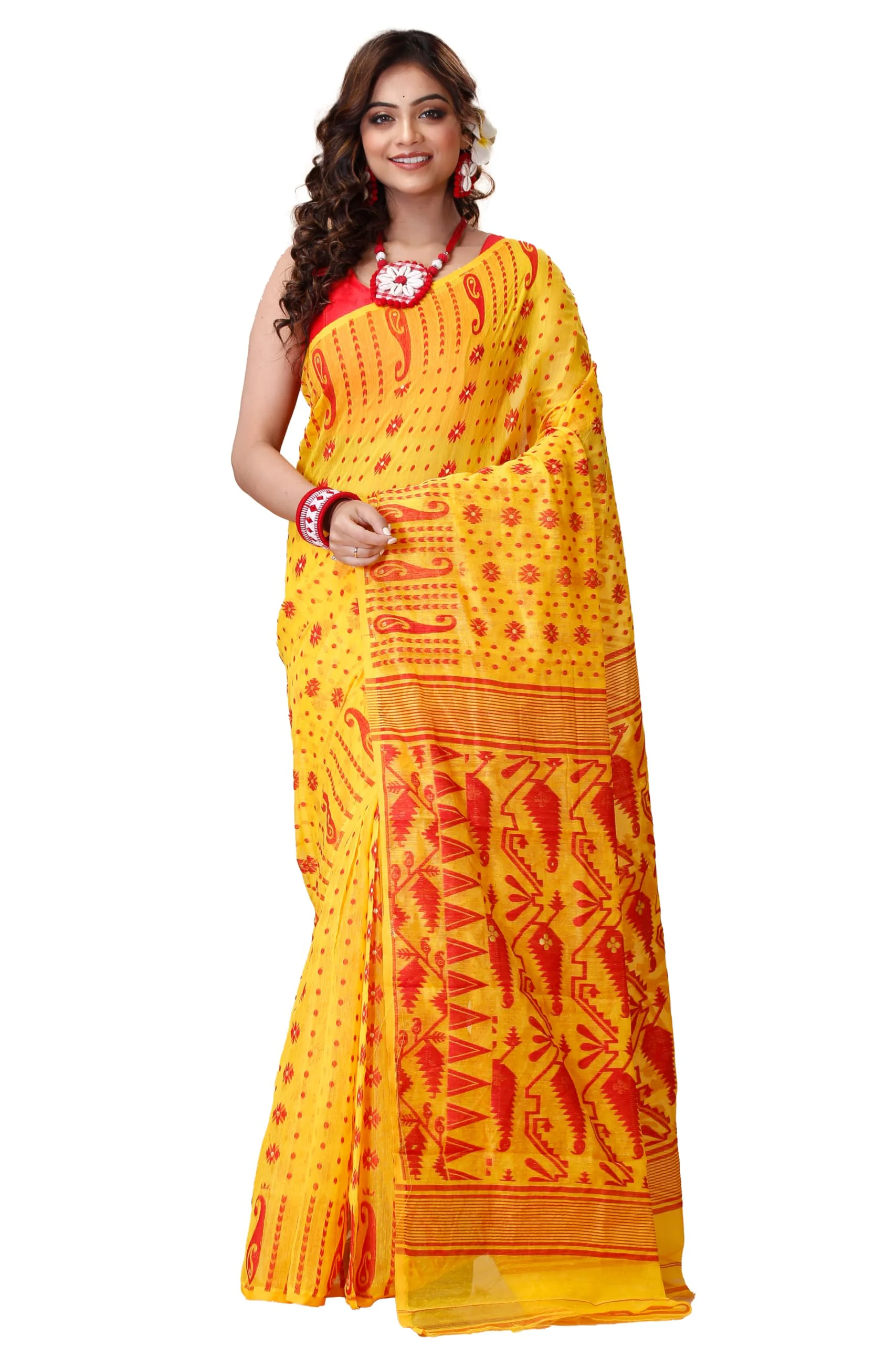 Tant Vastra Stylish Soft Cotton Silk Jamdani Saree For Women, Without Blouse Piece (Yellow) - image 2