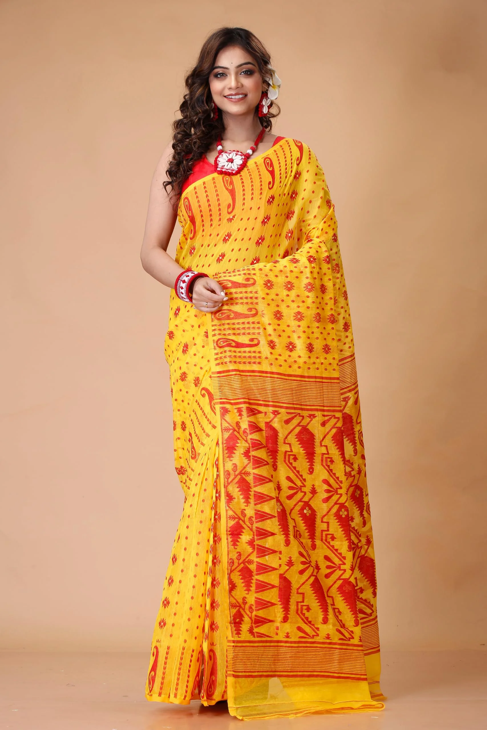 Tant Vastra Stylish Soft Cotton Silk Jamdani Saree For Women, Without Blouse Piece (Yellow) - image 4