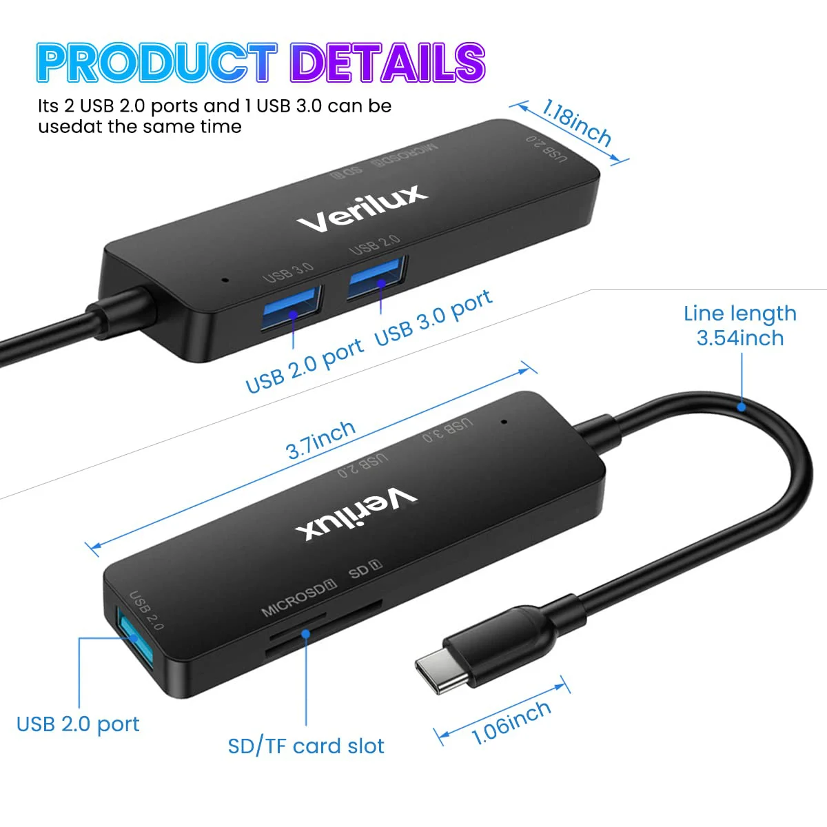 Verilux® USB C Hub 5 in 1 USB Type C Hub with USB 3.0+2.0, SD/Micro SD Card Reader USB Hub for Laptop USB Extender with Multi USB Port for Laptop USB Port Extension for MacBook Air/Pro M1/M2, iPad Pro - image 3