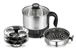 Pigeon by Stovekraft 1.5 Liters Multipurpose Kessel 3 in 1 Value Pack, Multi Cooker, Idli Stand with 3 Plates, Steamer With Stainless Steel Stand (Black & silver)
