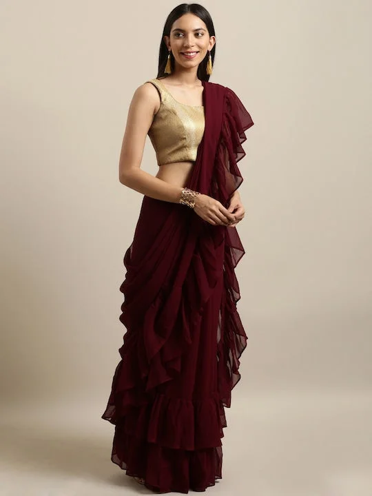Burgundy Solid Poly Georgette Ruffled Saree