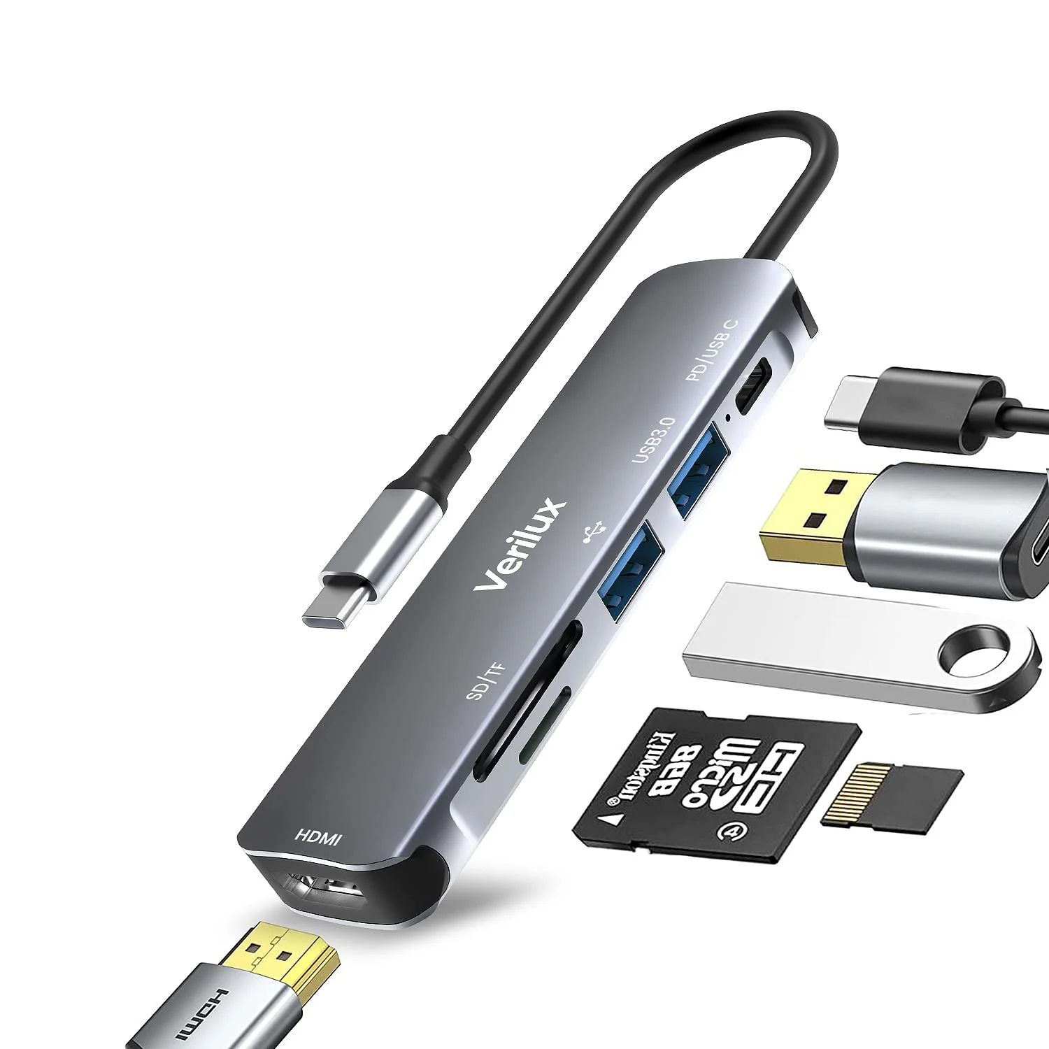 Verilux® USB C Hub, 6 in 1 Aluminum Multiport Adapter with 4K@30Hz HDMI, PD 87W&USB C Data Transfer, USB 3.0/2.0 Port, SD/Micro SD Card Reader, Type C Hub for MacBook Pro, MacBook Air, Type-C Devices