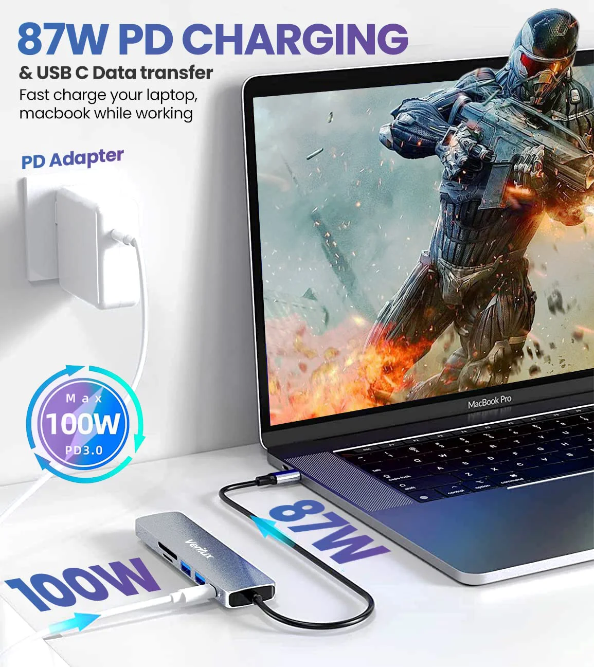 Verilux® USB C Hub, 6 in 1 Aluminum Multiport Adapter with 4K@30Hz HDMI, PD 87W&USB C Data Transfer, USB 3.0/2.0 Port, SD/Micro SD Card Reader, Type C Hub for MacBook Pro, MacBook Air, Type-C Devices - image 4