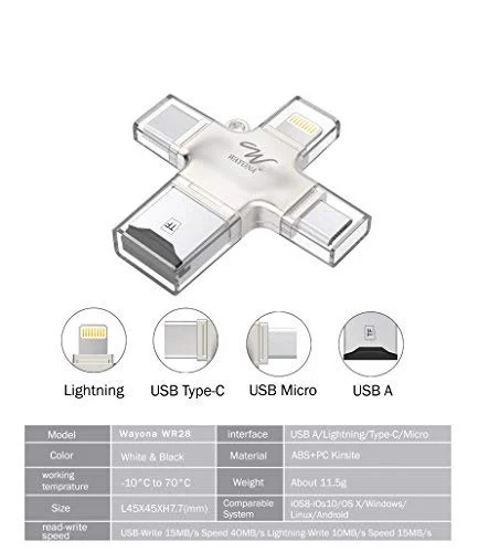 Wayona WR28 4-in-1 OTG Card Reader Connect with USB, Micro USB, Type C and Lightning Connector - Without Memory Card (Silver) - image 3