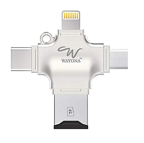 Wayona WR28 4-in-1 OTG Card Reader Connect with USB, Micro USB, Type C and Lightning Connector - Without Memory Card (Silver)