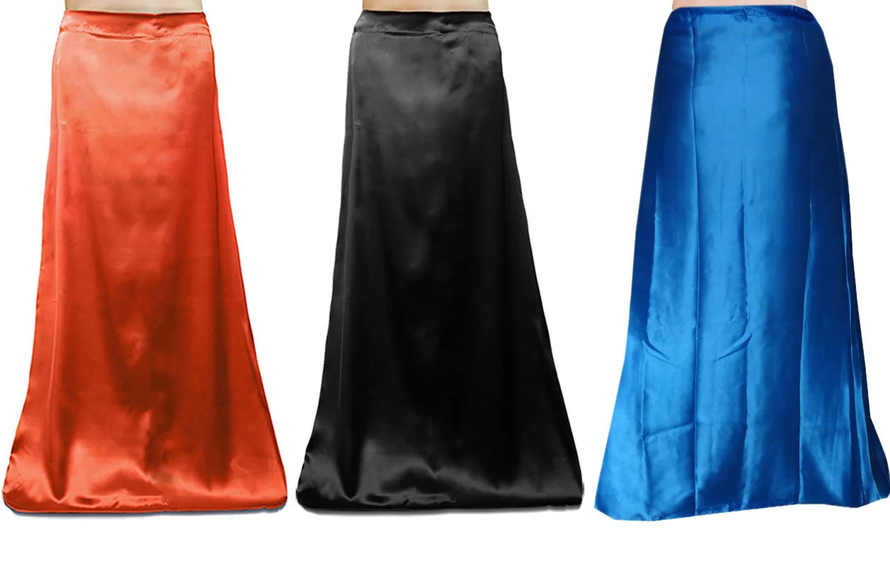 Bigfashionshop Combo Women's Silk Saree Satin Petticoat Inskirt (Orange, Black, Blue, Free Size) - Pack of 3