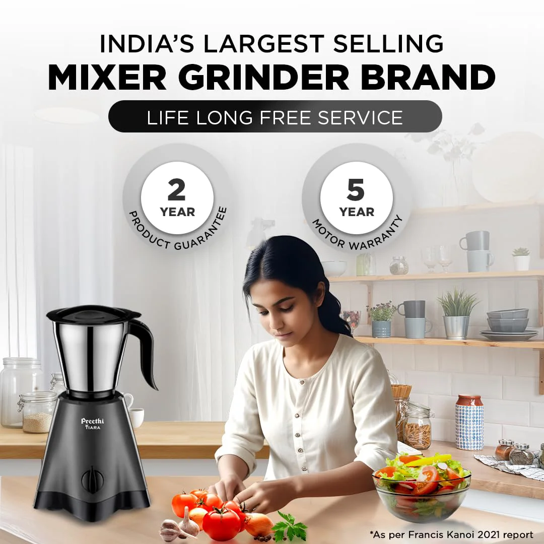 Preethi Tiara Mixer Grinder for Kitchen - 3 Jars 500 Watt Mixie - Chutney Jar & Dry Grinder Jar used as Wet Grinder & Blender - Stainless Steel Blades(Grey) - image 3