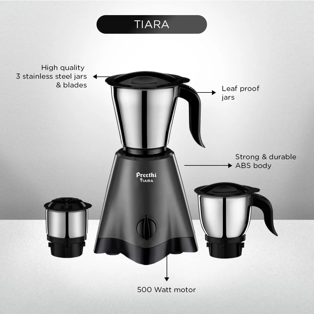 Preethi Tiara Mixer Grinder for Kitchen - 3 Jars 500 Watt Mixie - Chutney Jar & Dry Grinder Jar used as Wet Grinder & Blender - Stainless Steel Blades(Grey) - image 5
