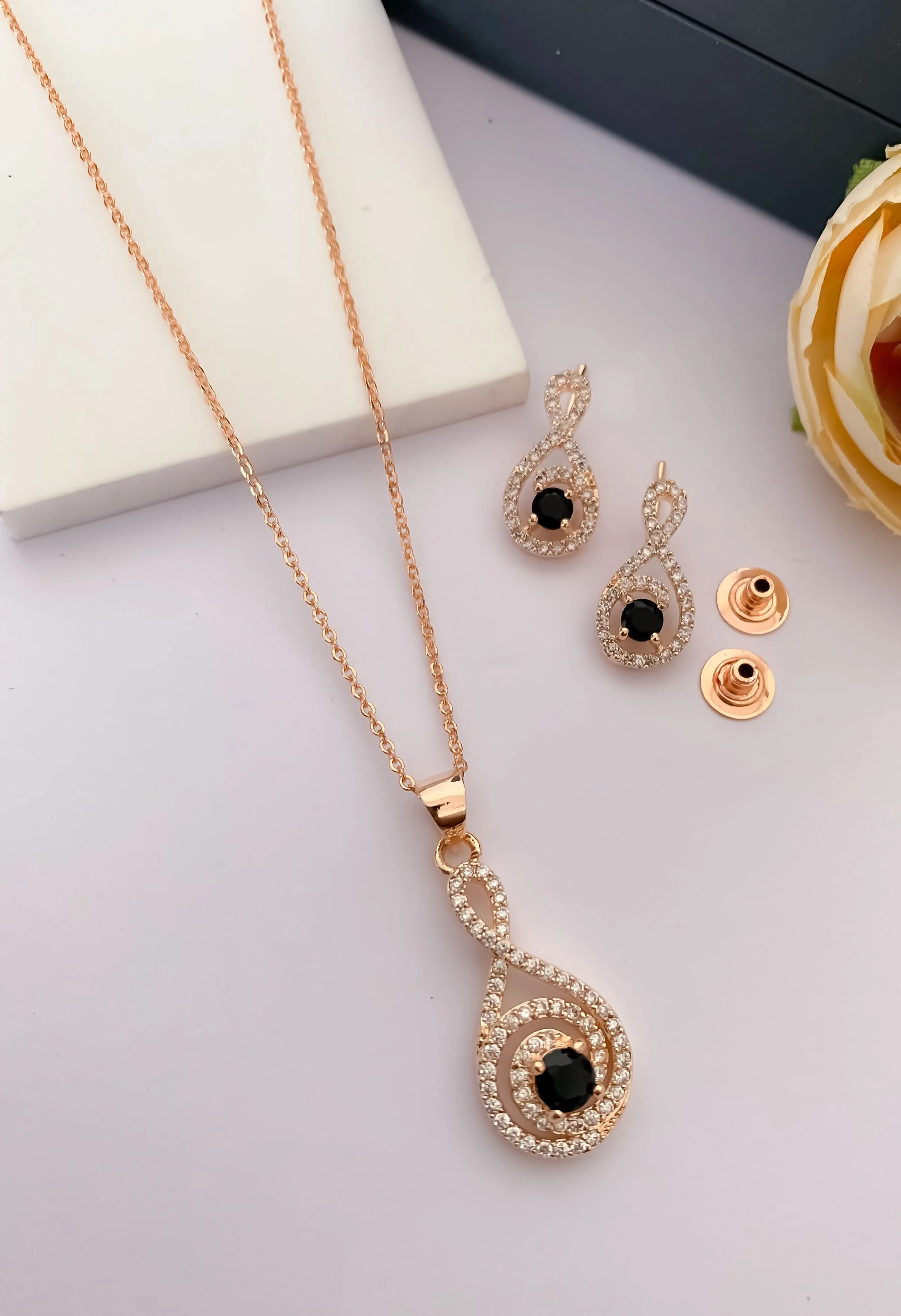 Rose Gold Finish Infinity Pendant Multi Colour Necklace Set