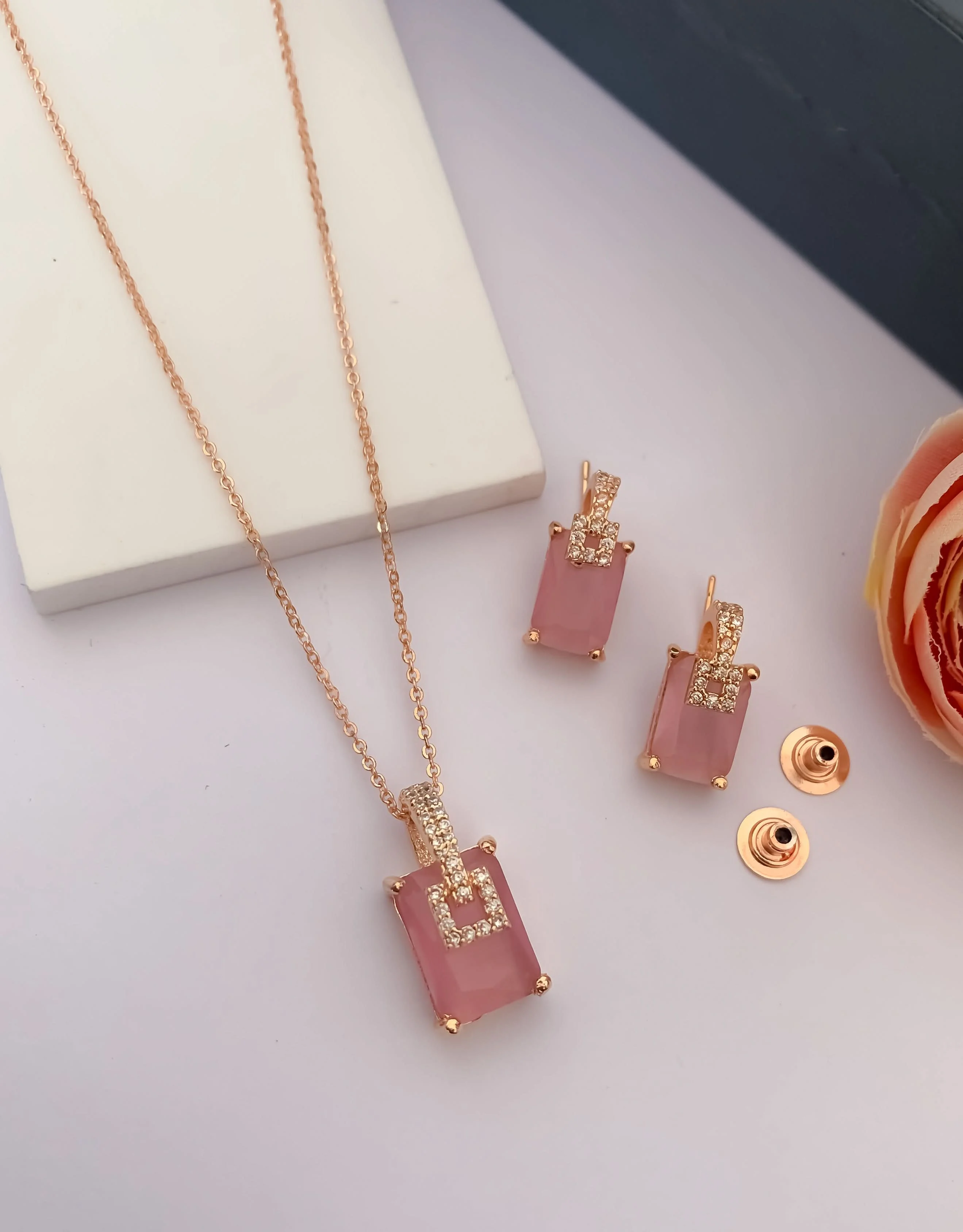 Rose Gold Rectangular Multi Stone Pendant Necklace Set with Stud Earrings