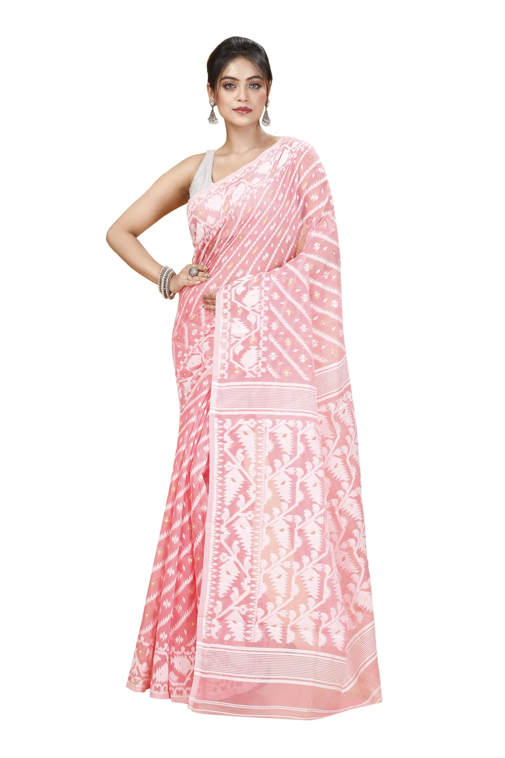 Tant Vastra Women’s Soft Resham Dhakai Karat Jamdani Saree without Starch And Without Blouse Piece (Peach) - image 2