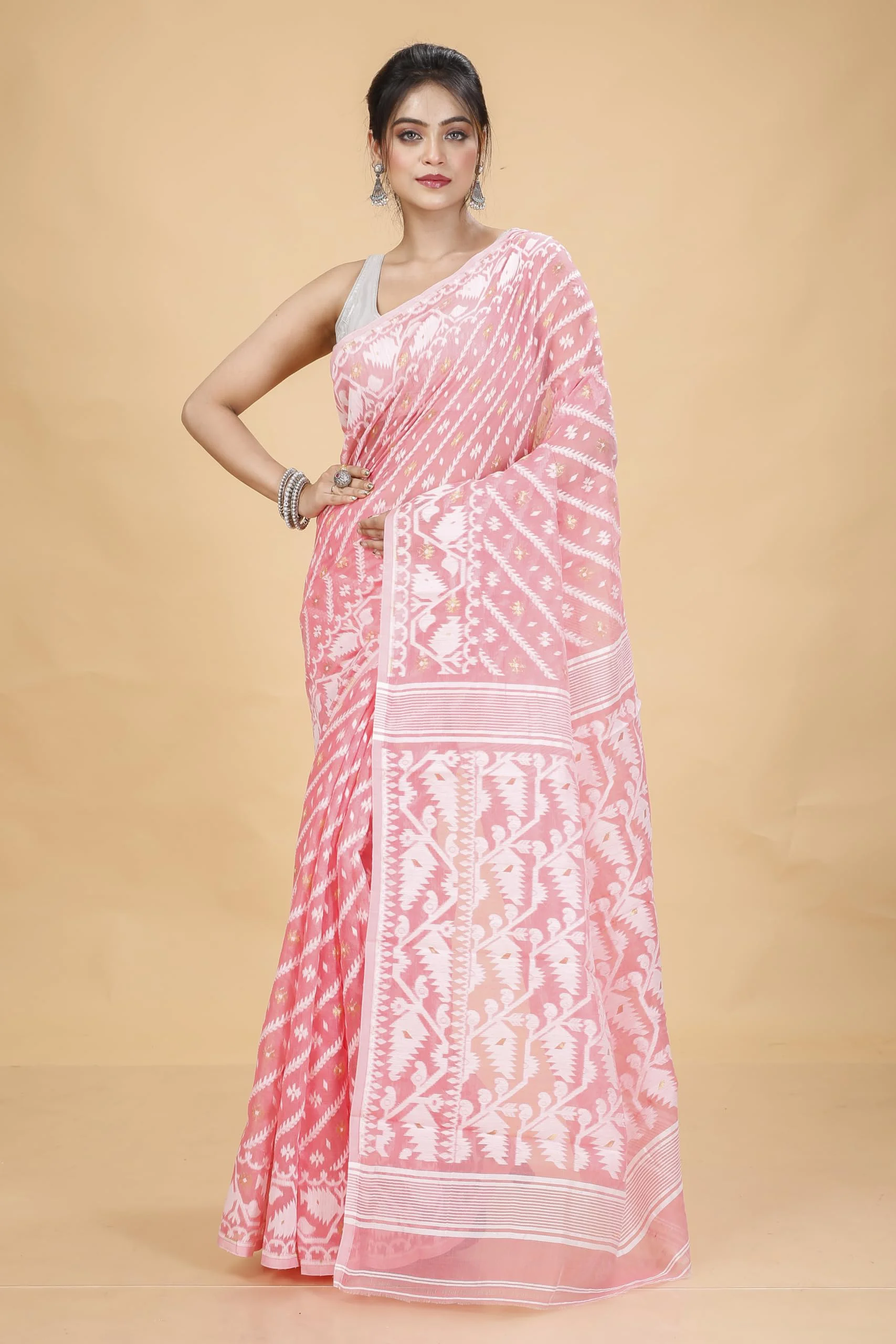 Tant Vastra Women’s Soft Resham Dhakai Karat Jamdani Saree without Starch And Without Blouse Piece (Peach) - image 3