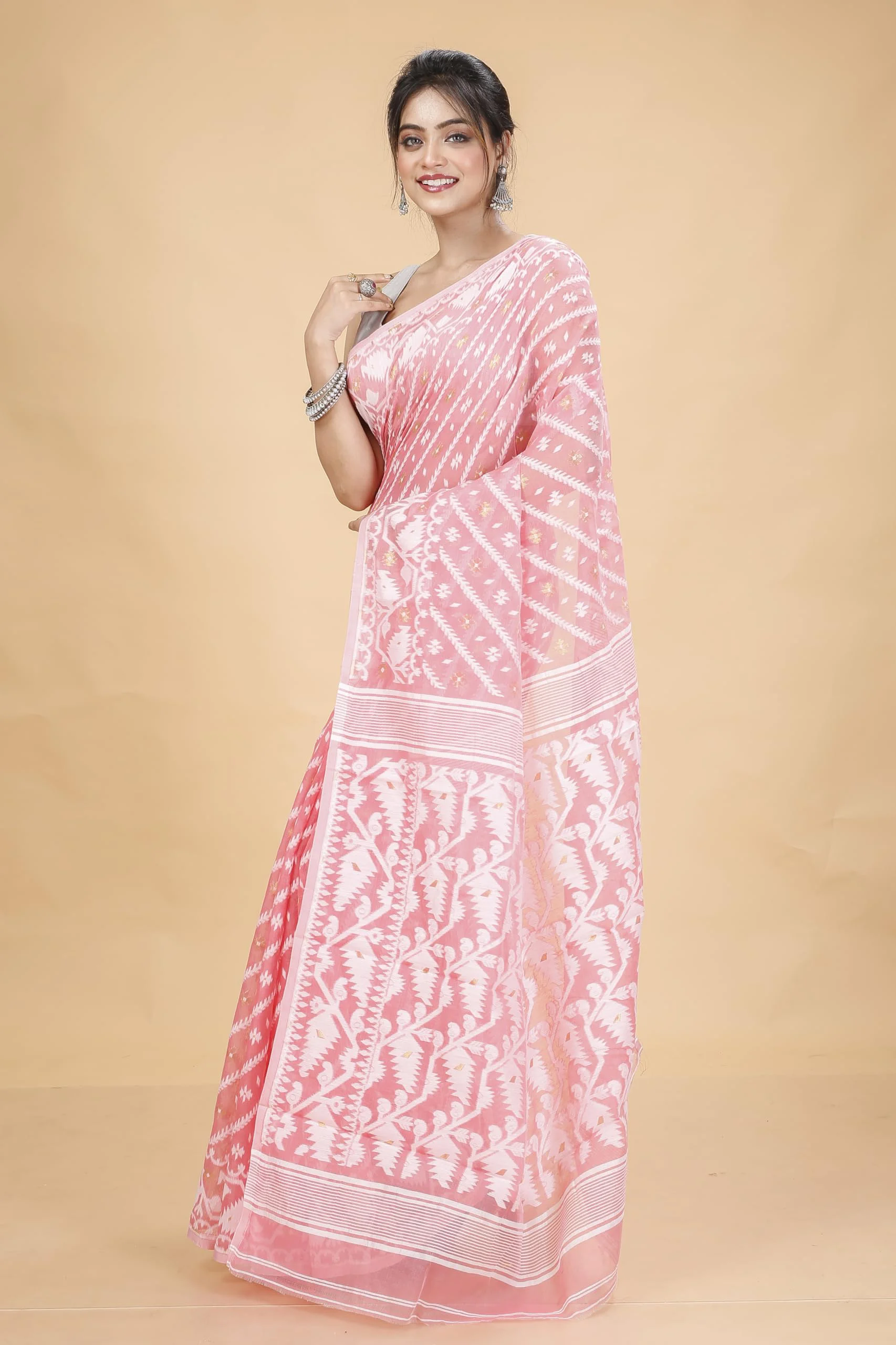 Tant Vastra Women’s Soft Resham Dhakai Karat Jamdani Saree without Starch And Without Blouse Piece (Peach) - image 5
