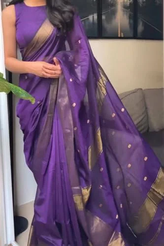 WILLFE Women's Cotton Soft Silk Jamdani Sarees With Attach Unstitched Blouse Piece (Purple) - image 5
