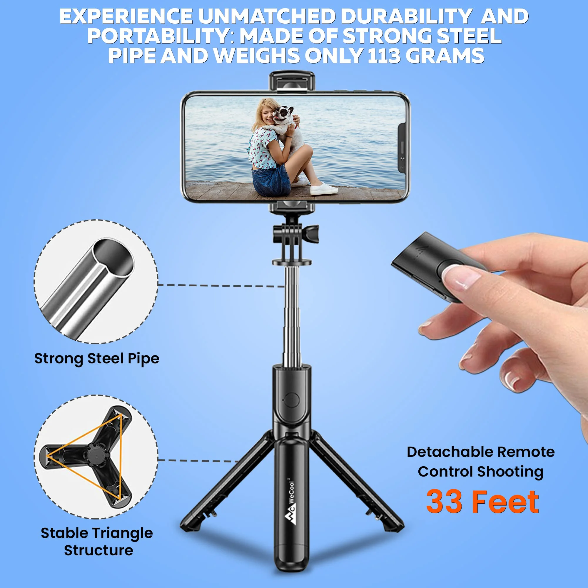 WeCool S1 Selfie Stick with Tripod Stand,Bluetooth Extendable Tripod for Mobile Phone,3-in-1Multifunctional Selfie Stick for iPhone/Mi/OnePlus/Samsung/Oppo/Vivo and All Phones - image 3