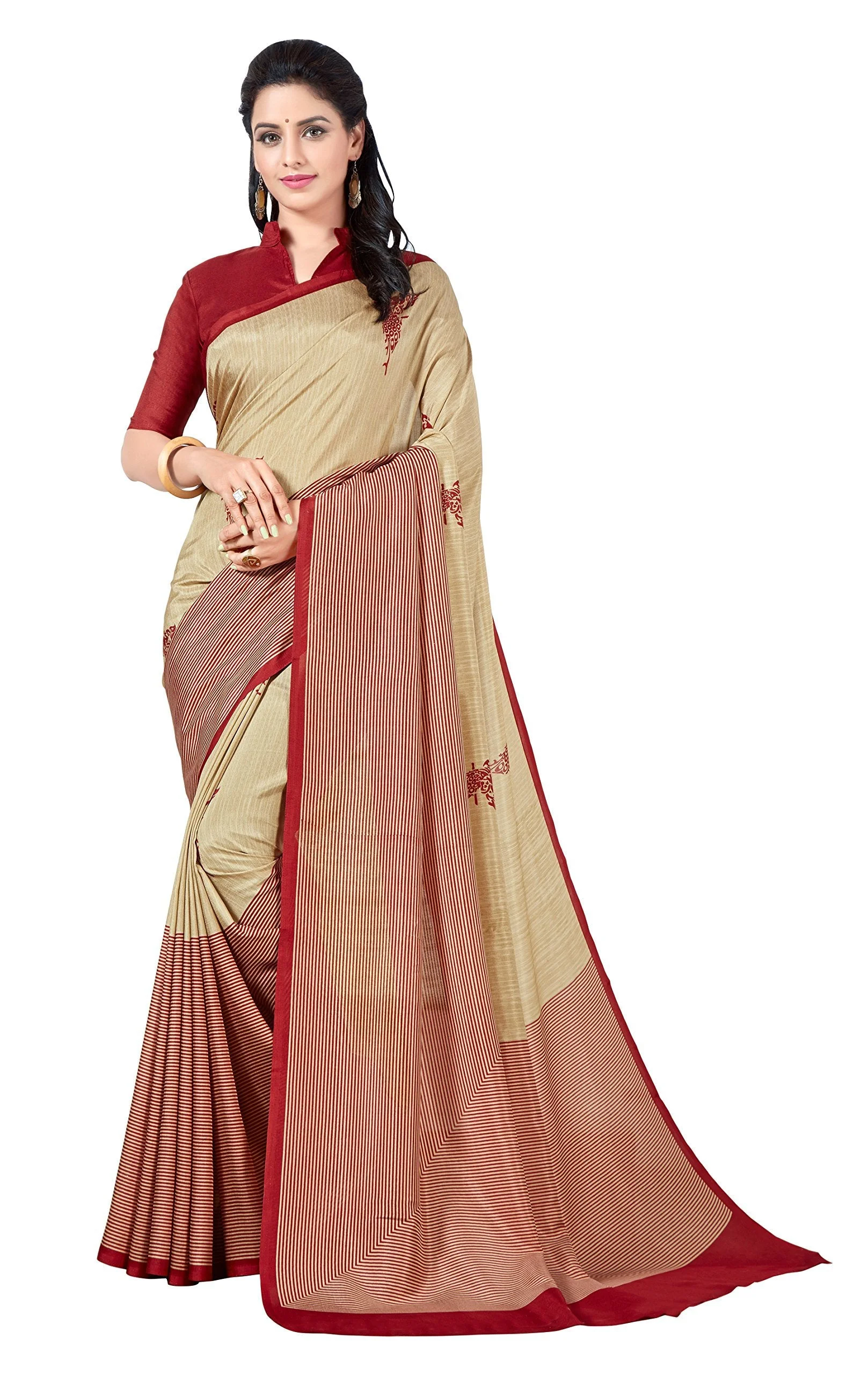 Vimla Women's Beige Malgudi Art Silk Uniform Printed Saree with Blouse (5899_Free Size, Beige) - image 2