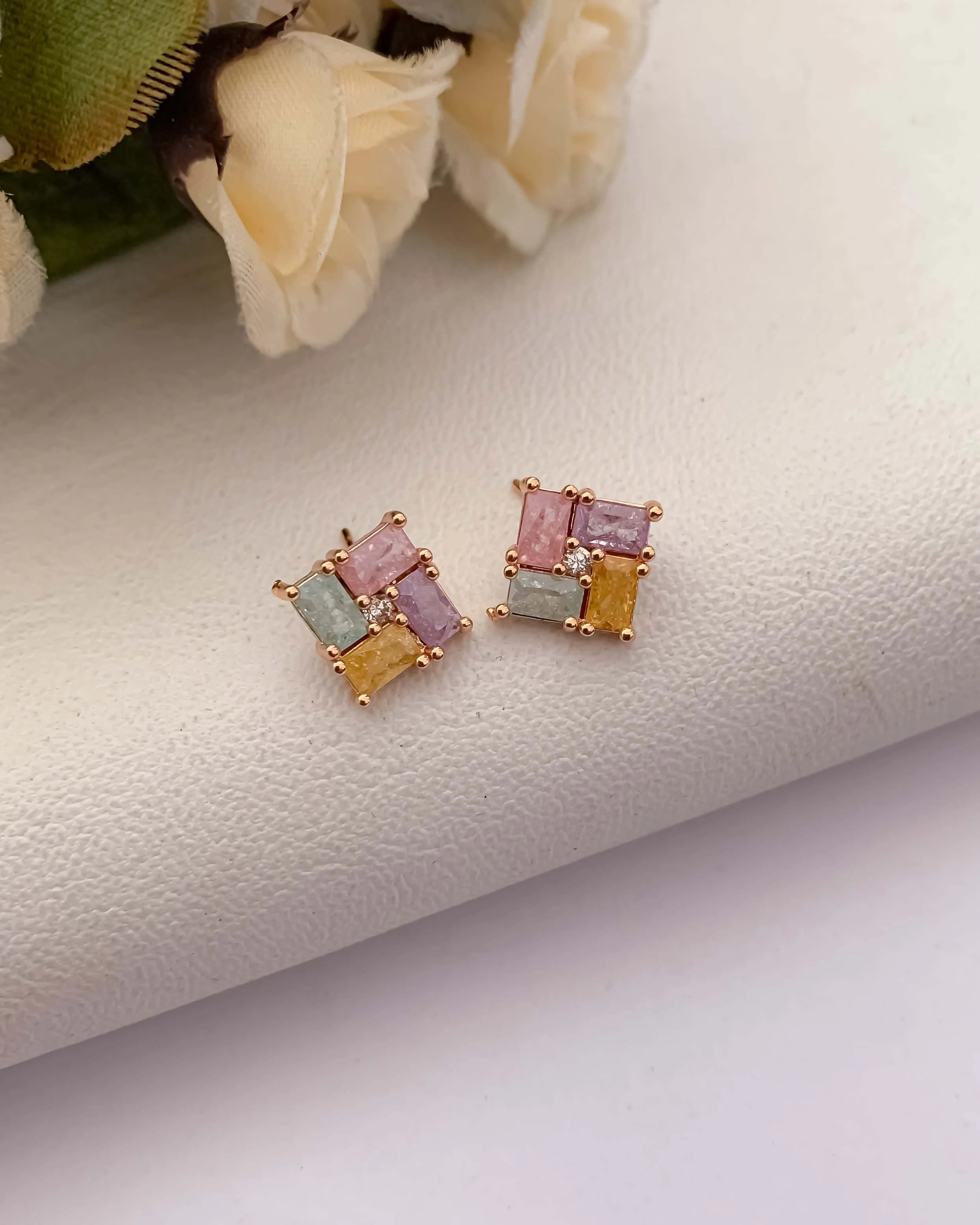 Buy 1 Get 1 Free -American Diamond  Rose Gold Multi Colour Square Shape Multi Color Delicate Earrings