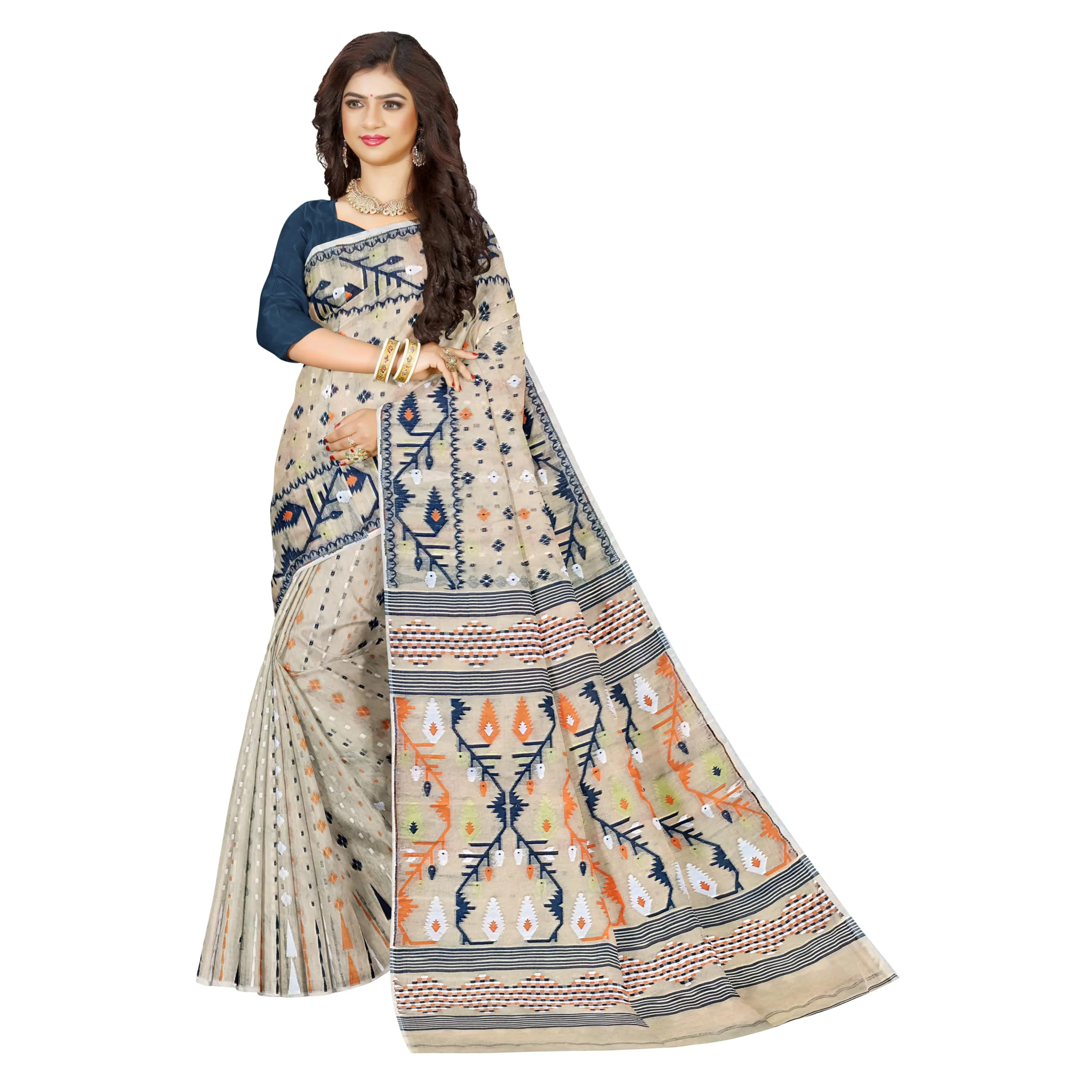Mayabi Women's Dhakai Jamdani Cotton Silk Saree Traditional Bengali Tant Korat Work, Without Blouse Piece (Creamy White)