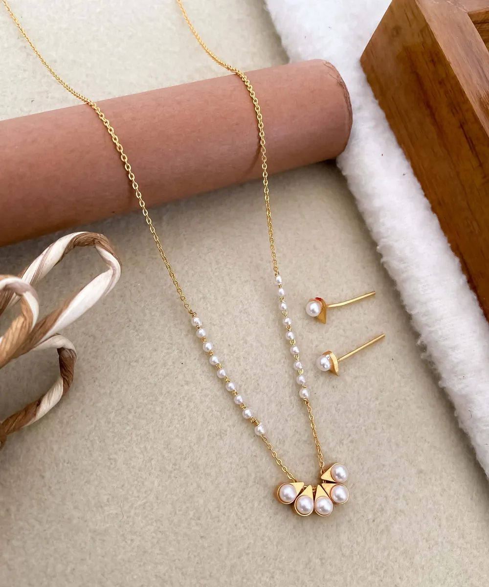 Elegant Pearl Bloom Necklace & Studs Set – Gold Plated Minimal Jewellery