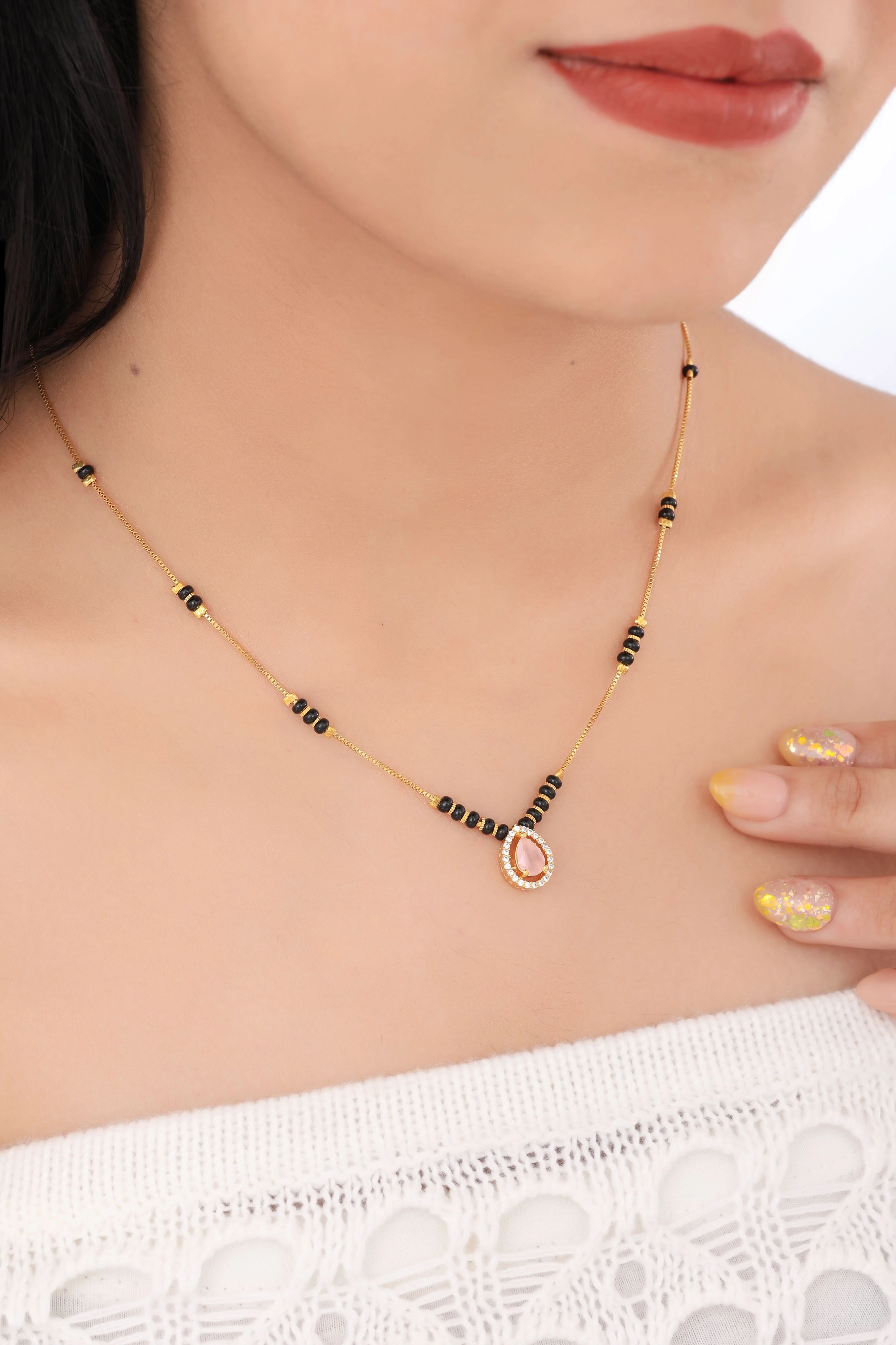 Buy 1 Get 1 Free -Oval Solitaire Halo Mangalsutra | Black Beads Gold Chain Necklace