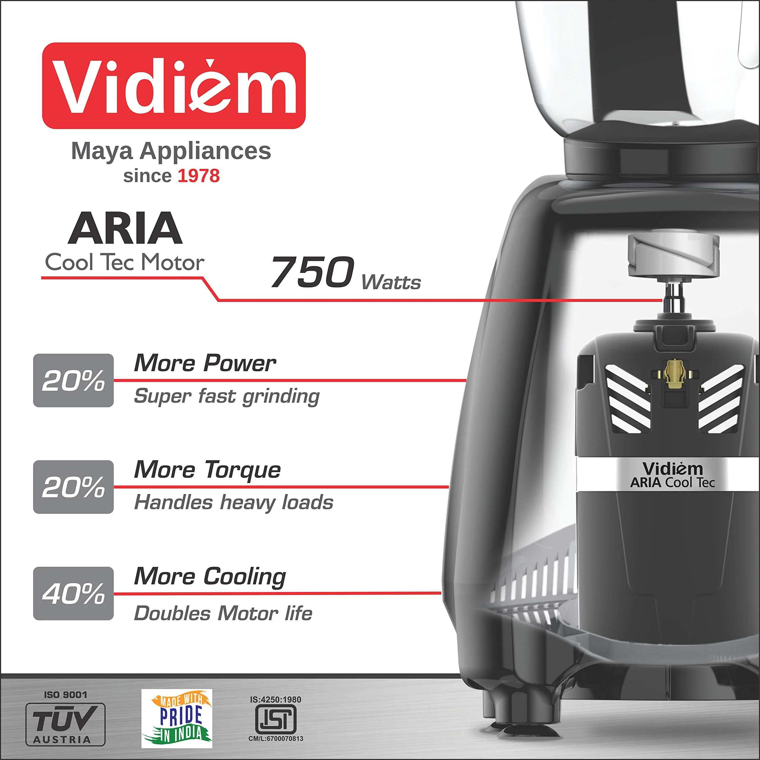 Vidiem Mixer Grinder 581 A Vision Plus (Multicolour) | 750 watt Mixer grinder with 4 Jar in-1 Juicer | Leakproof Jars with self-lock for wet & dry spices, chutneys & curries | 5 Years Warranty - image 4