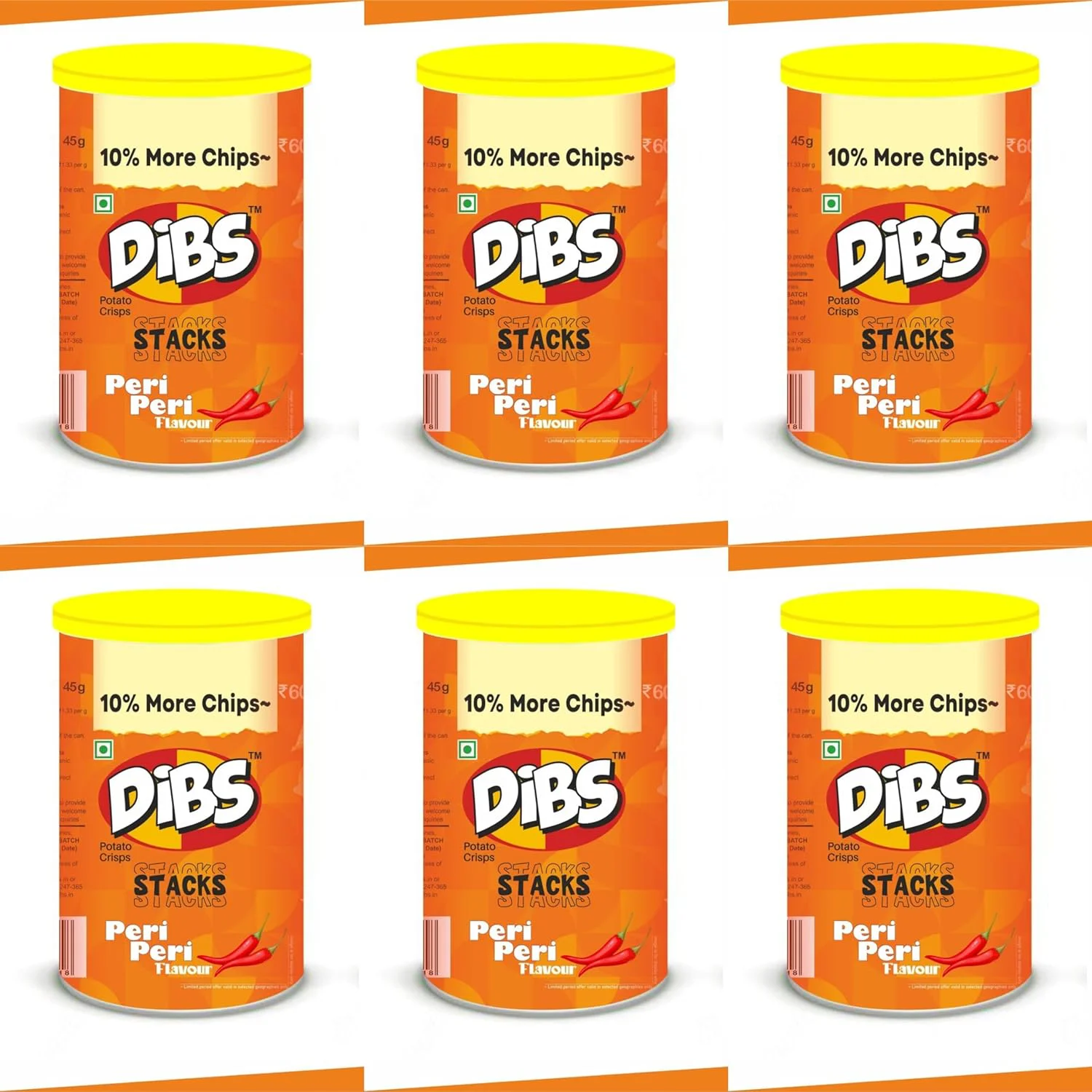 Dibs stacks (Pack of 6, 45 GM Each) Peri Peri Potato Crisps Chips On the Go Adventure, Crunchy Healthy and Tasty Chips, Snacks Chips - image 1