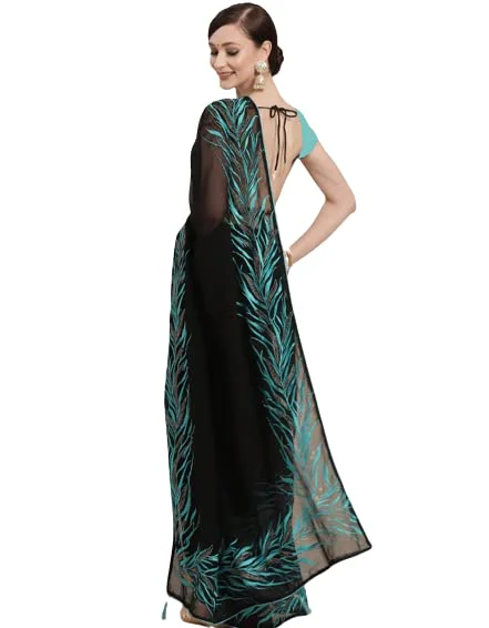 Women Free Size Black & Blue Floral Embroidered Saree - image 2