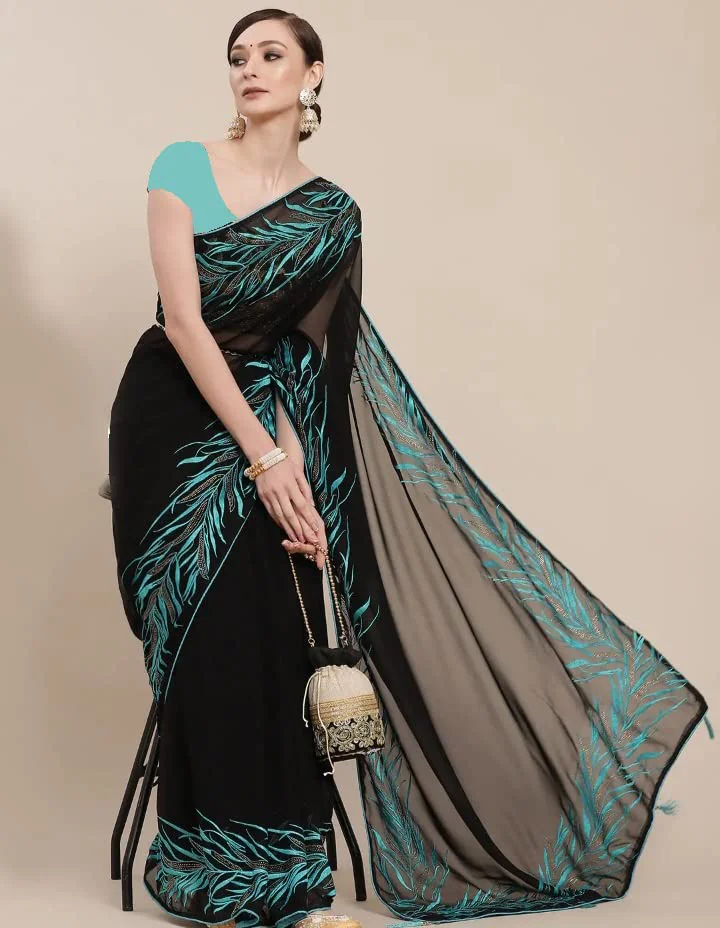 Women Free Size Black & Blue Floral Embroidered Saree - image 4