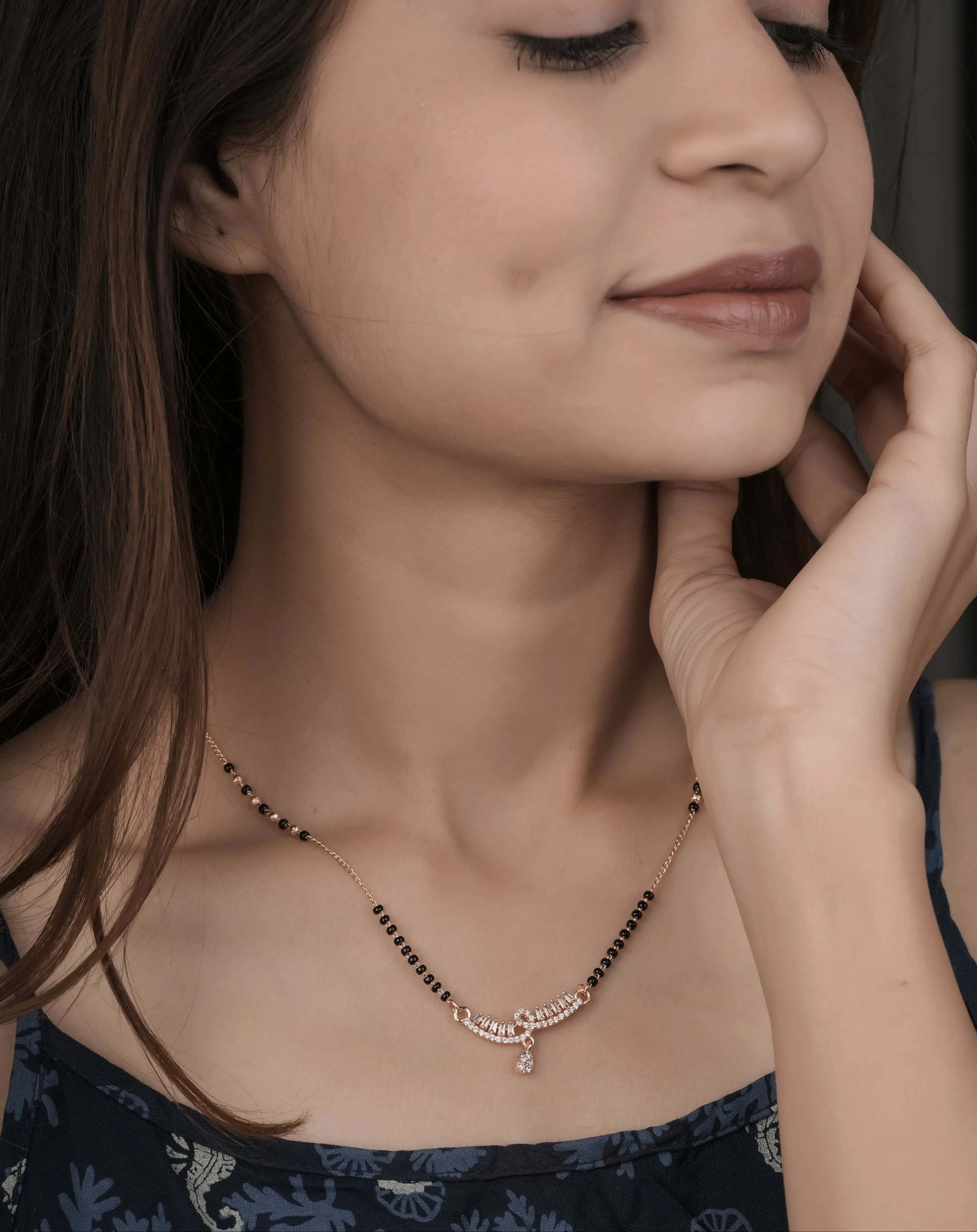 Sleek Curve Drop Mangalsutra – Minimal AD Pendant with Dual Black Bead Chain