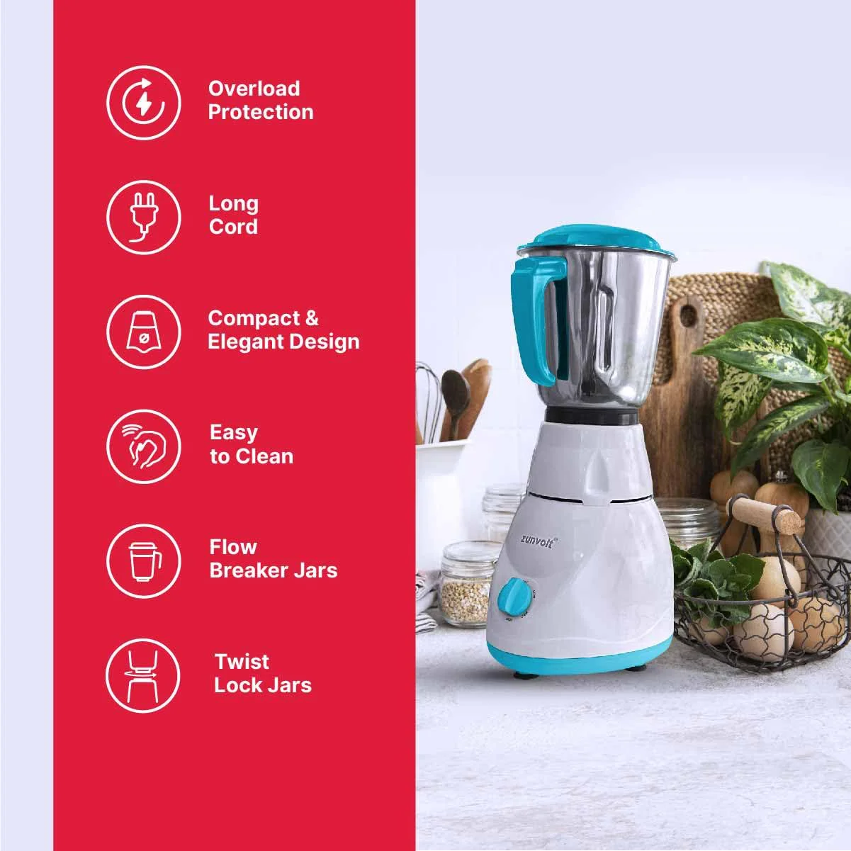 ZunVolt 3 JAR Mixer Grinder -500W with Flow Breaker Jars, 22000 RPM Motor & 1 Year Warranty Cover (Turquoise-White) - image 2