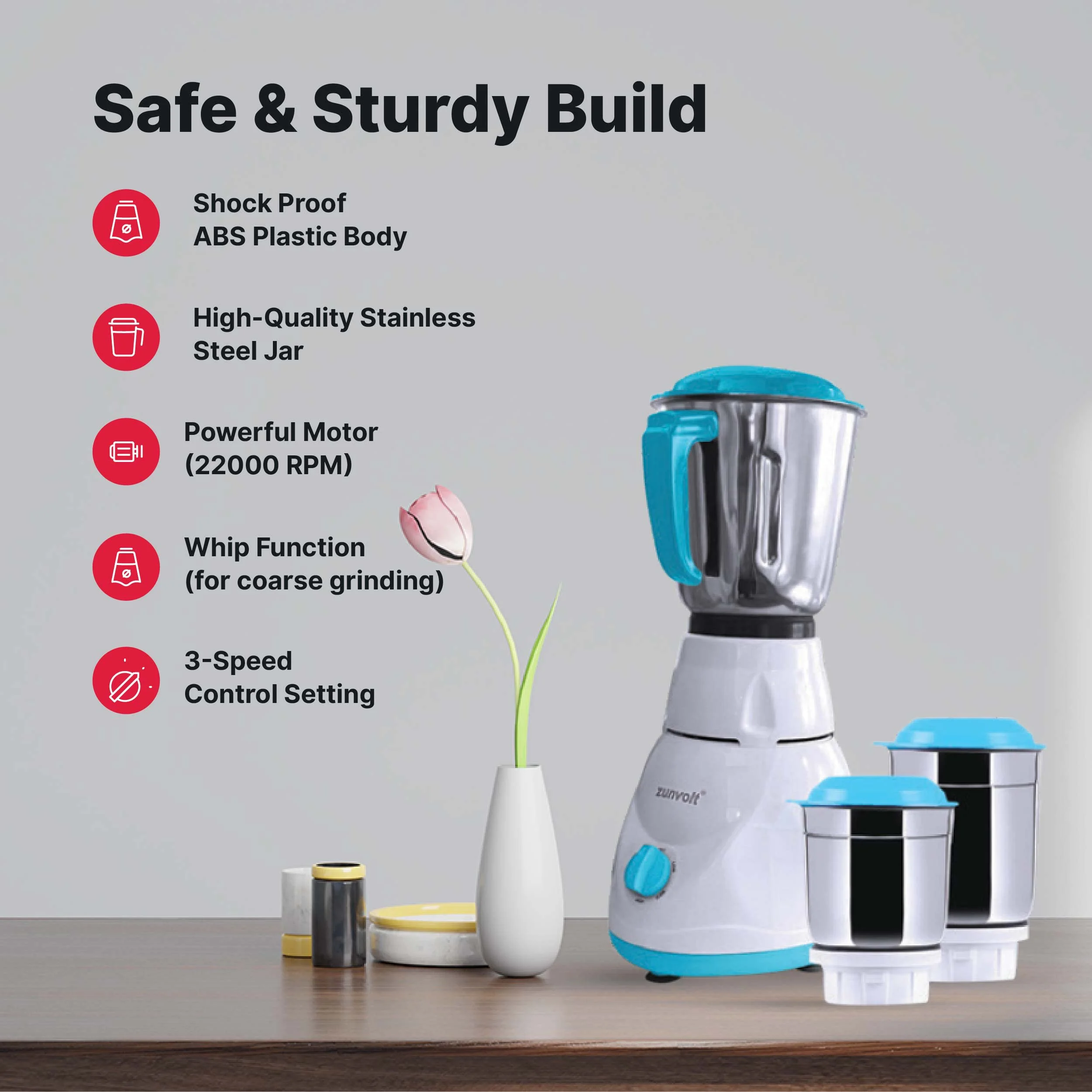 ZunVolt 3 JAR Mixer Grinder -500W with Flow Breaker Jars, 22000 RPM Motor & 1 Year Warranty Cover (Turquoise-White) - image 3
