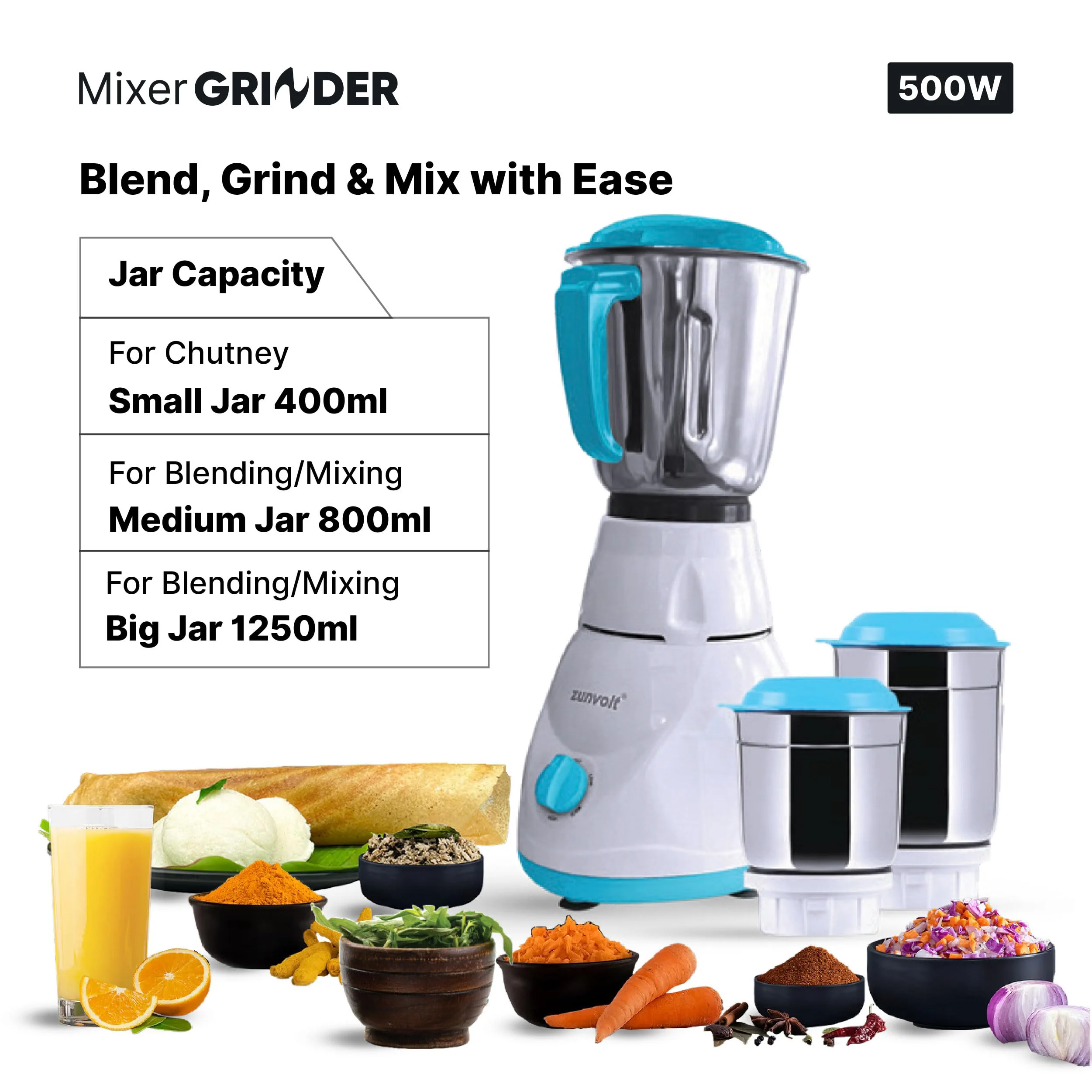 ZunVolt 3 JAR Mixer Grinder -500W with Flow Breaker Jars, 22000 RPM Motor & 1 Year Warranty Cover (Turquoise-White) - image 4