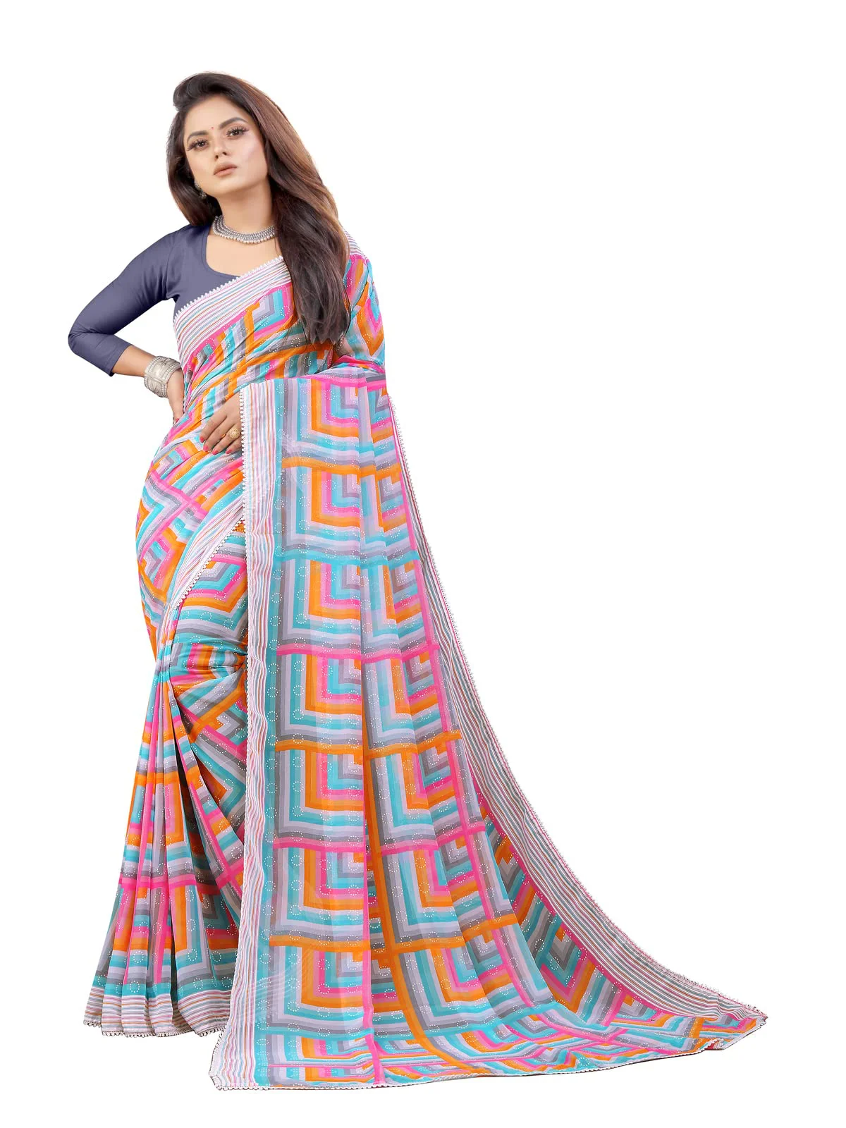 ROOP SUNDARI SAREES Women's Block Square Printed Georgette Saree For Women Top Selling Hit Sari Sadi With Lace Border With Blouse(Satrangi_blue grey_Multicolored_Free Size 6.30)