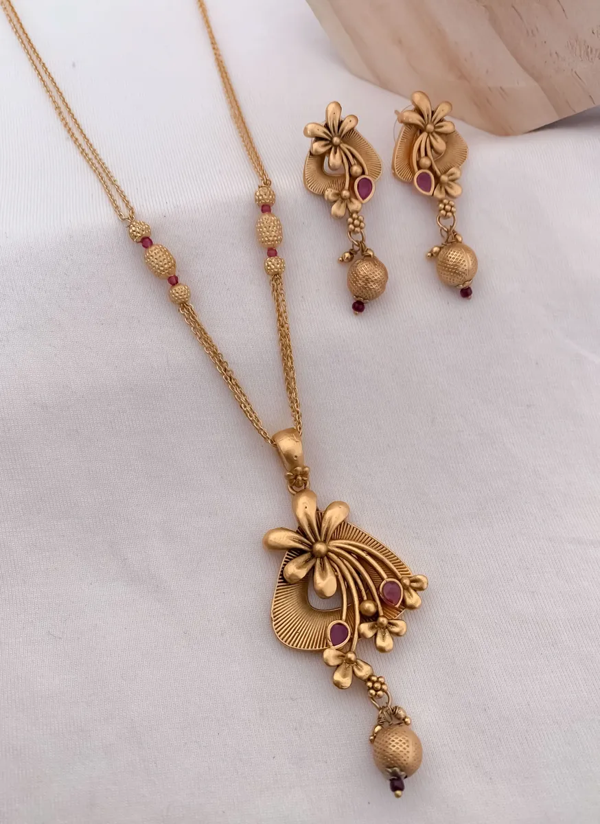 Antique Gold Temple Design Necklace Set with Drop Earrings