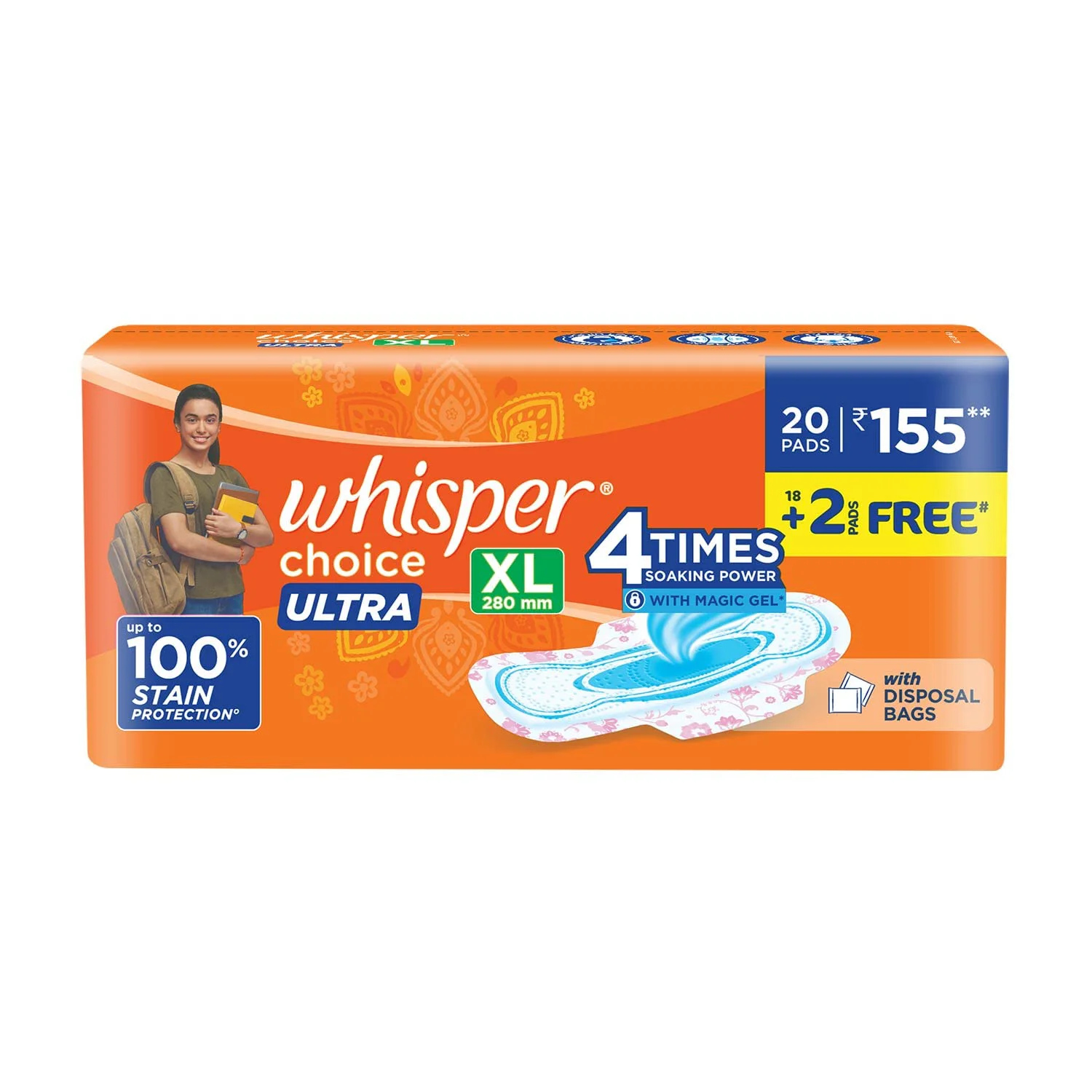 Whisper Choice Ultra XL Sanitary Pads|20 thin Pads|XL|upto 100% Stain protection|side safe Wings|With Liquid lock magic gel|5 cm longer & 20% wider|DRI-weave topsheet|28.4 cm Long|With disposable wrap| 2 Pads Free - image 2