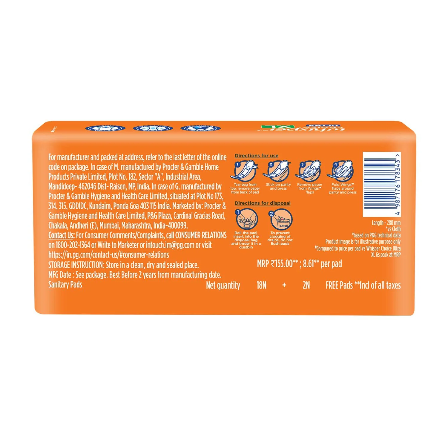 Whisper Choice Ultra XL Sanitary Pads|20 thin Pads|XL|upto 100% Stain protection|side safe Wings|With Liquid lock magic gel|5 cm longer & 20% wider|DRI-weave topsheet|28.4 cm Long|With disposable wrap| 2 Pads Free - image 3