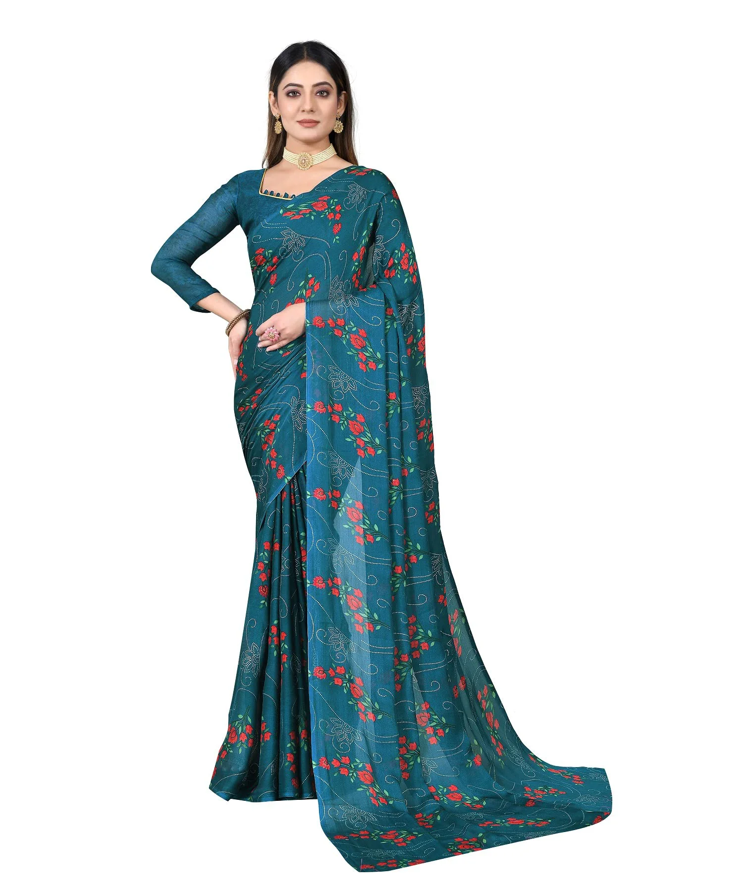 RAJESHWAR FASHION WITH RF Women's Stylish Chiffon Floral Foil Printed SareeWith BlouseSaree For Women (KASAK_RAMA_Variation_Multicolored_Free Size 6.30)