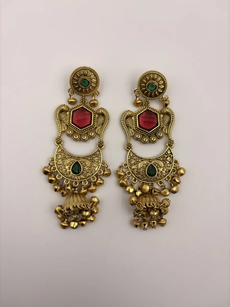 Antique Gold Temple Jhumka Earrings – Fashion Jewellery with Green & Maroon Stones