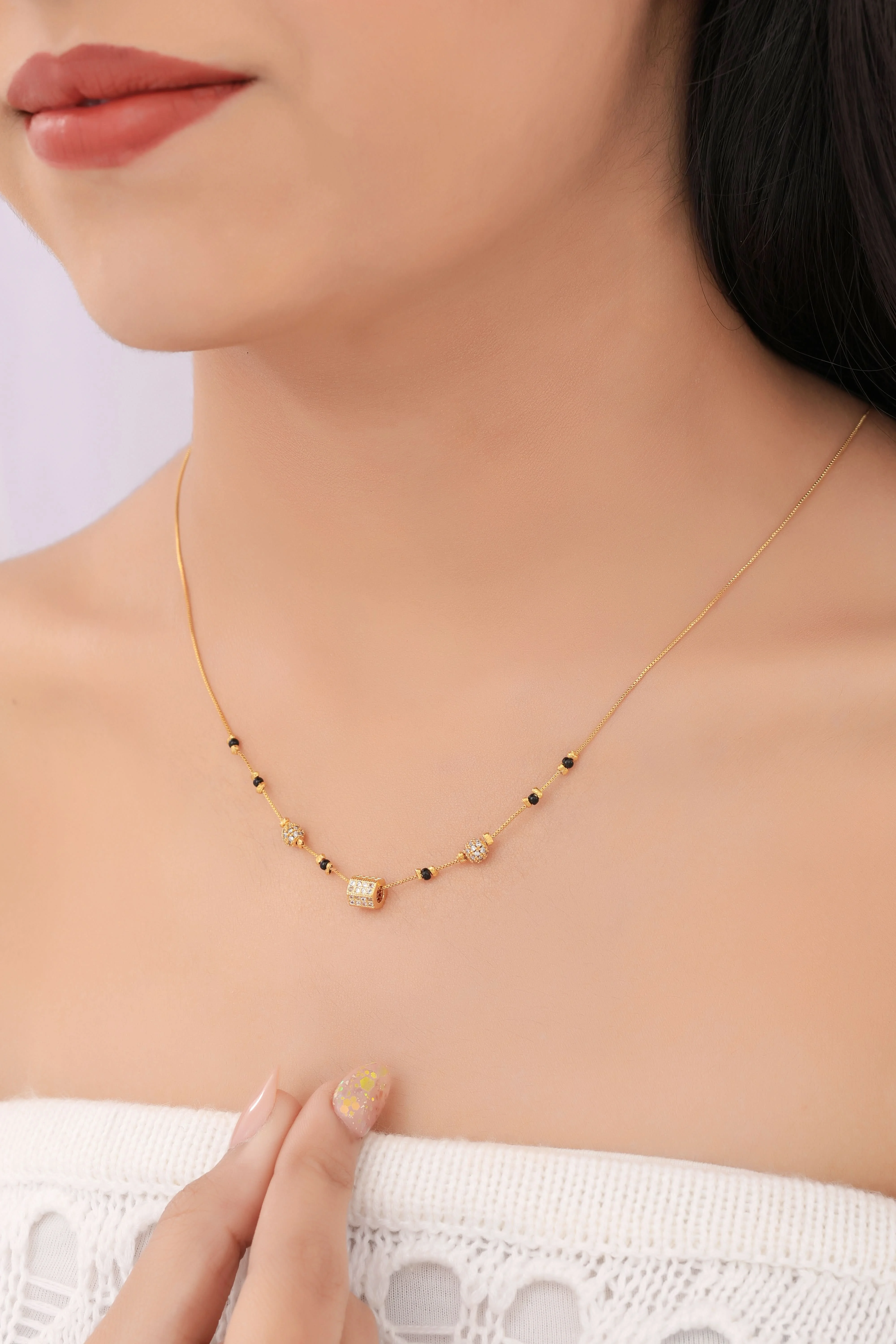 Buy 1 Get 1 Free - Gold Plated Cube Crystal Pendant Mangalsutra with Black Beads