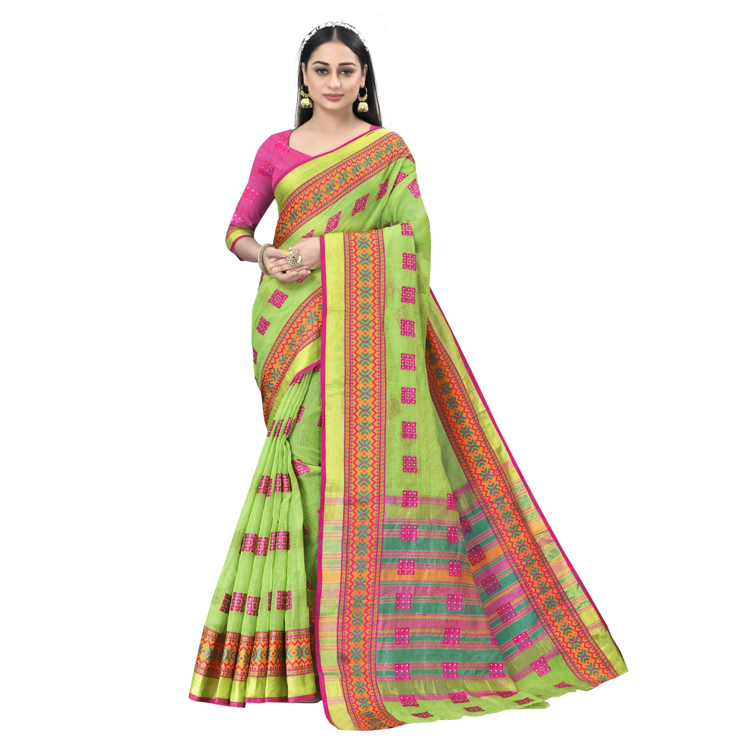 Sidhidata Women's Kota Doria Cotton Manipuri Saree With Unstitched Blouse Piece (Free Size) (Light Green) - image 2