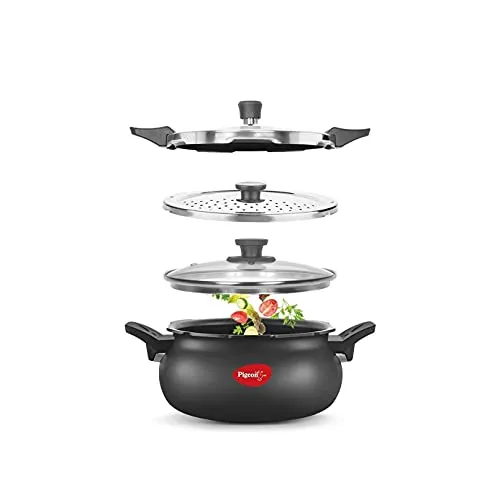 Pigeon By Stovekraft All in One Super Cooker Aluminium with Outer Lid Induction and Gas Stove Compatible 5 Litre Capacity for Healthy Cooking (Black)