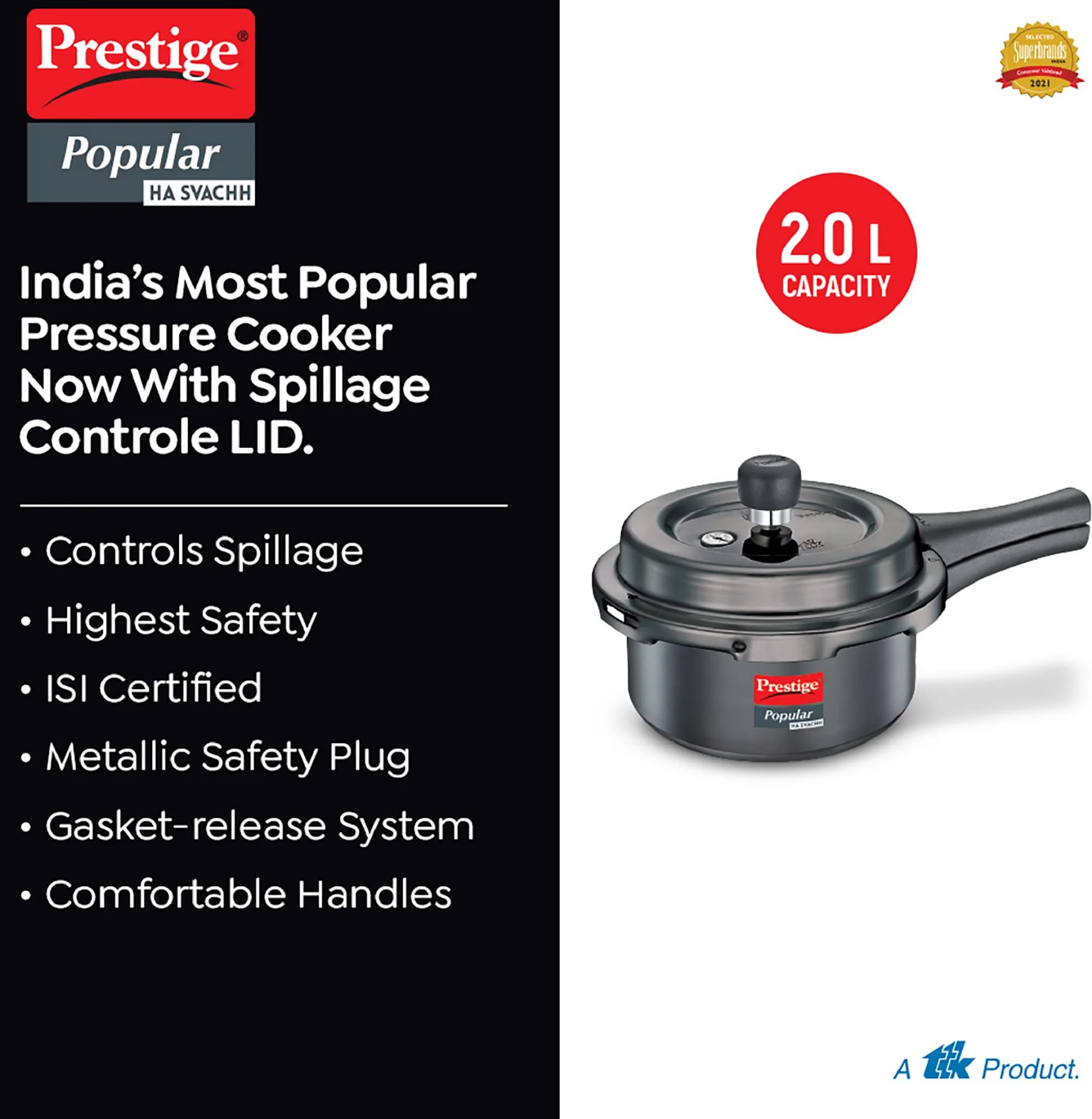 Prestige Popular Svachh Hard Anodised Pressure Cooker(2.0 L, Black, Deep Lid-Controls Spillage) - image 4