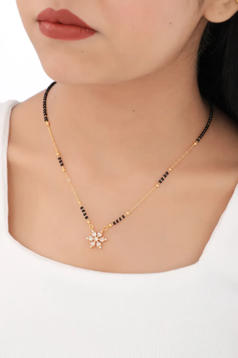 Buy 1 Get 1 Free - Floral CZ Pendant Mangalsutra | Minimal Black Beads Gold Chain