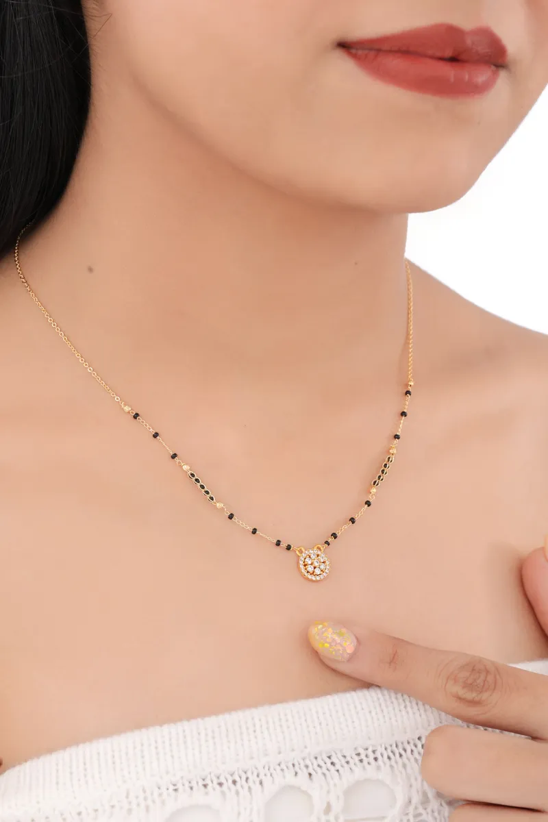 Buy 1 Get 1 Free - Mini Round CZ Cluster Mangalsutra | Minimal Black Beads Gold Chain Necklace