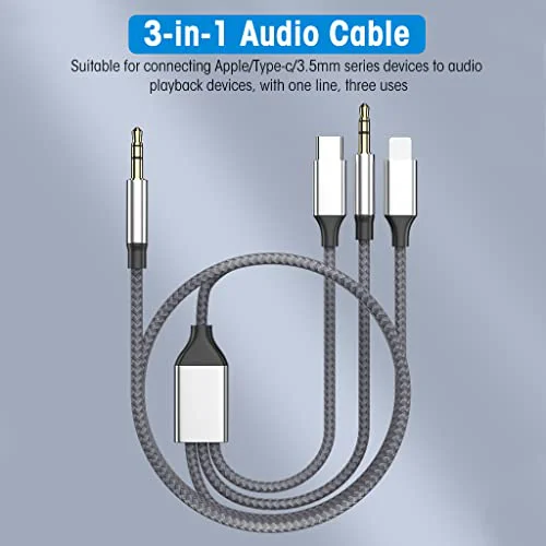 Verilux® 3 in 1 Car AUX Cable 3.5mm to 3.5mm AUX Cable L-ightning/Type C to 3.5mm AUX Cable Universal HiFi Audio Cable for iPhone, Tablet, Car Stereo(Grey) - image 4